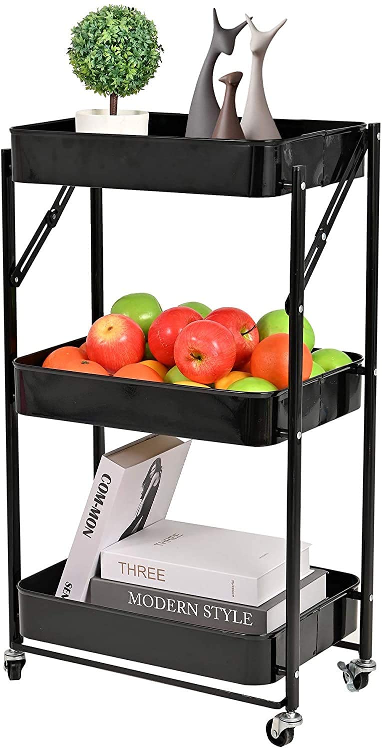 YANJ 3-Tier Foldable Rolling Utility Cart with Wheels & Handles - Multi-Purpose Storage Cart for Kitchen, Coffee Bar, Bathroom, Office & Art Supplies - Heavy Duty Mobile Organizer for Home, Dorm & Commercial Use