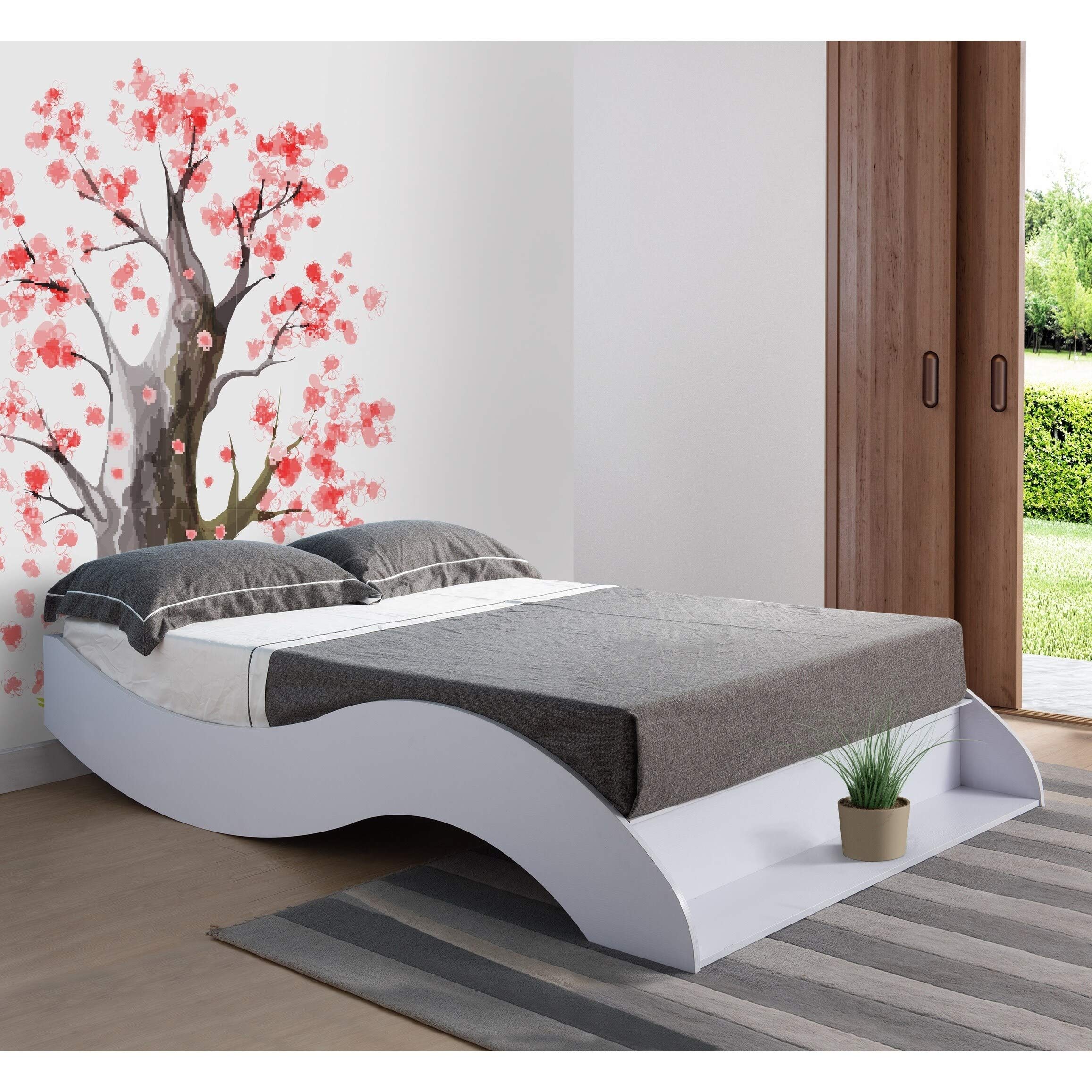 Overstock Tara White Platform Bed Queen Size - Modern Minimalist Bed Frame with Sturdy Wooden Slats for Bedroom, Guest Room, or Dorm
