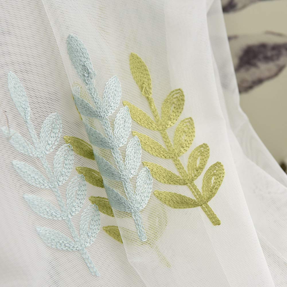 Blue Green Embroidered Leaf Sheer Voile Curtains - Floral Lace Window Panels for Bedroom & Living Room (52x63 Inch, Rod Pocket) - Perfect for Boho Decor, Nursery & Sunlit Spaces