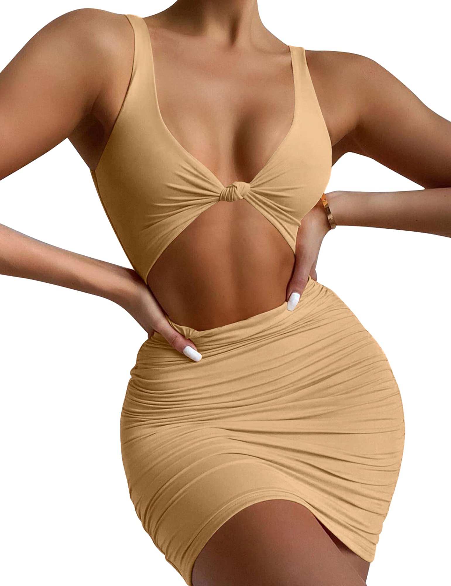 Sexy Women's Bodycon Sleeveless Ruched Mini Dress with Cut Out Detail - Perfect for Club Parties, Night Out & Date Nights