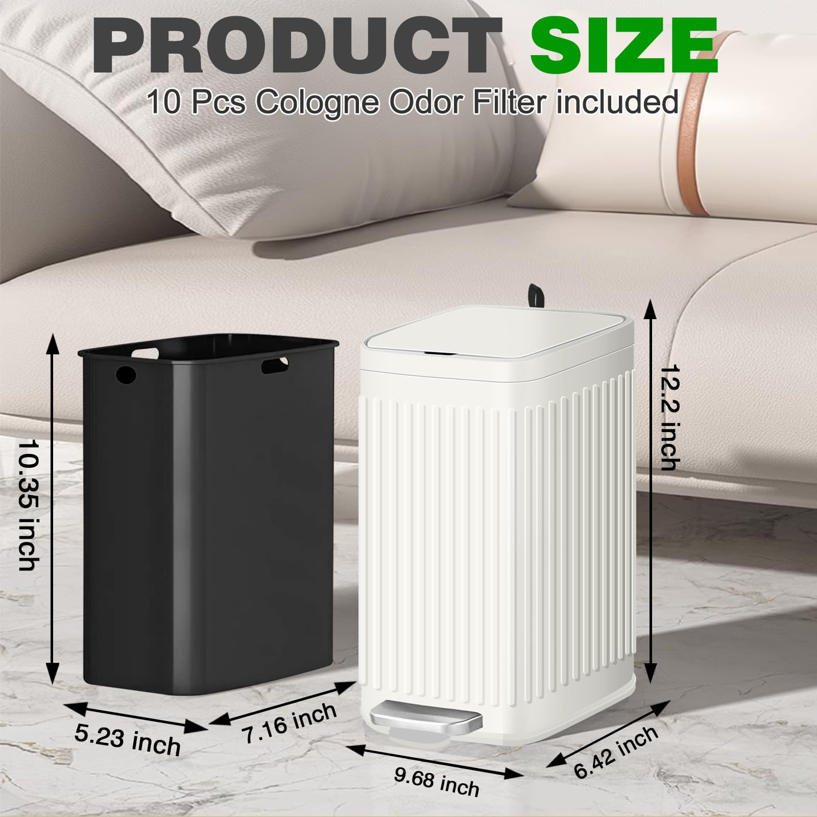 Slim 7L/1.85 Gallon Stainless Steel Bathroom Trash Can with Soft Close Lid & Built-in Air Freshener - Step Pedal Garbage Bin with Removable Inner Bucket for Bathroom, Office, Bedroom (White) - Perfect for Small Spaces & Odor Control
