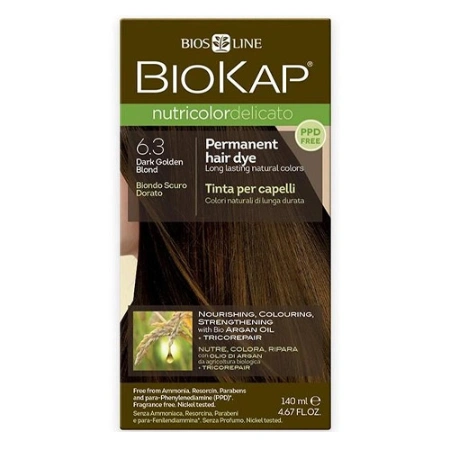 Biokap Nutricolor Delicato Rapid 6.3 Dark Golden Blonde Hair Dye - Ammonia-Free Permanent Hair Color for Natural-Looking Highlights | Perfect for Brunettes Wanting Warm Golden Tones at Home