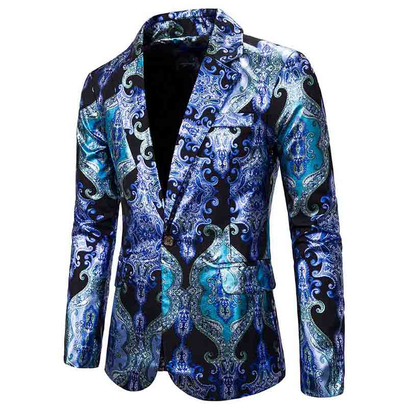 Men's Slim Fit Casual Printed Floral Blazer Jacket - Stylish Blue Party Coat for Weddings, Dates & Office Wear