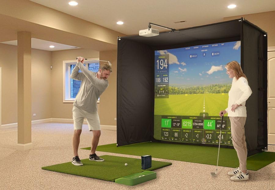 SkyTrak Golf Simulator Studio Pro Package with Launch Monitor, Metal Case, Enclosure, Software, Hitting Mat, Projector & Ball Tray - Professional Home Golf Training System for Indoor Practice & Game Improvement