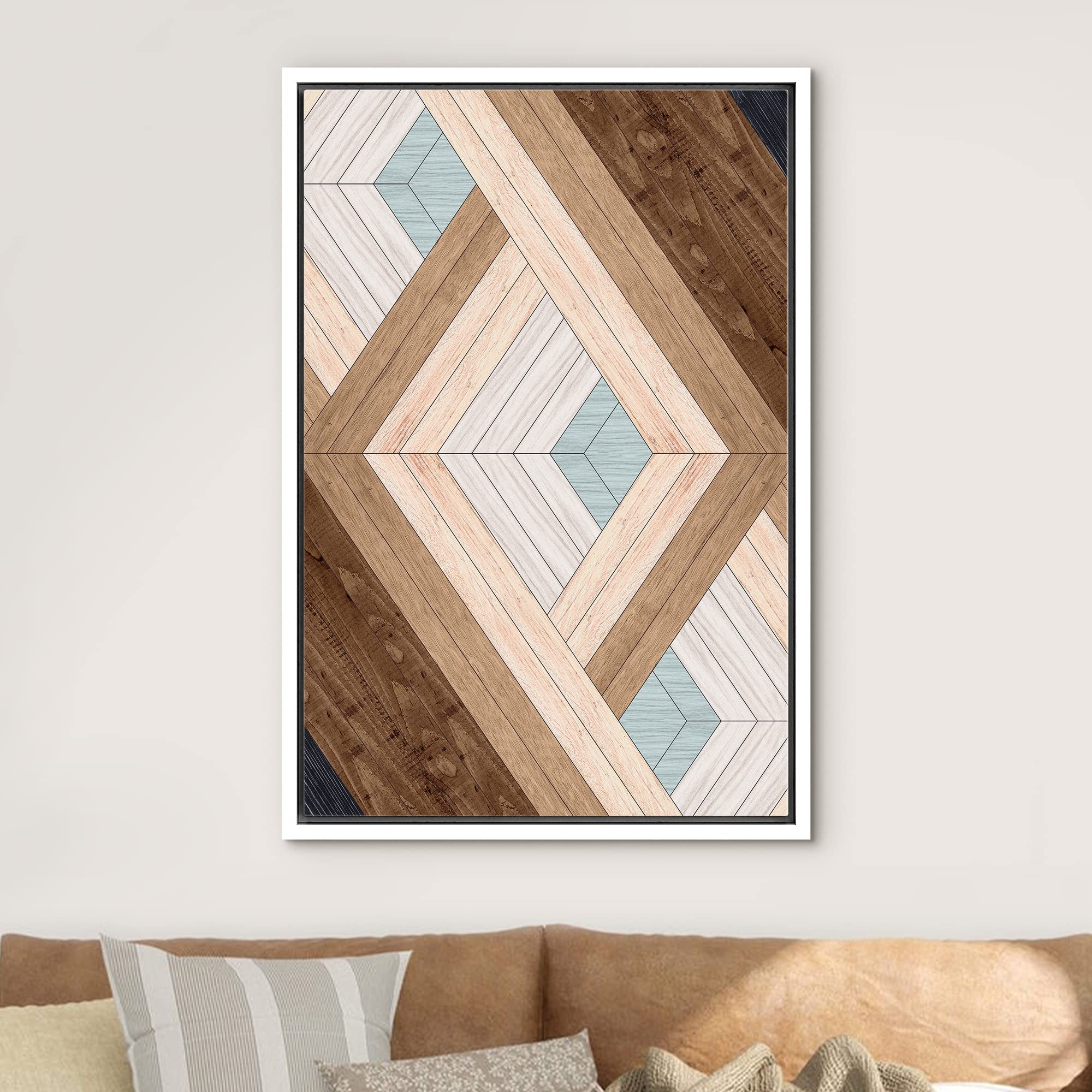 IDEA4WALL Framed Canvas Print - Western Decor Geometric Diamond Wood Panel Pattern, Abstract Shapes Modern Nordic Minimal Boho Wall Art for Living Room, Bedroom, Office, 24