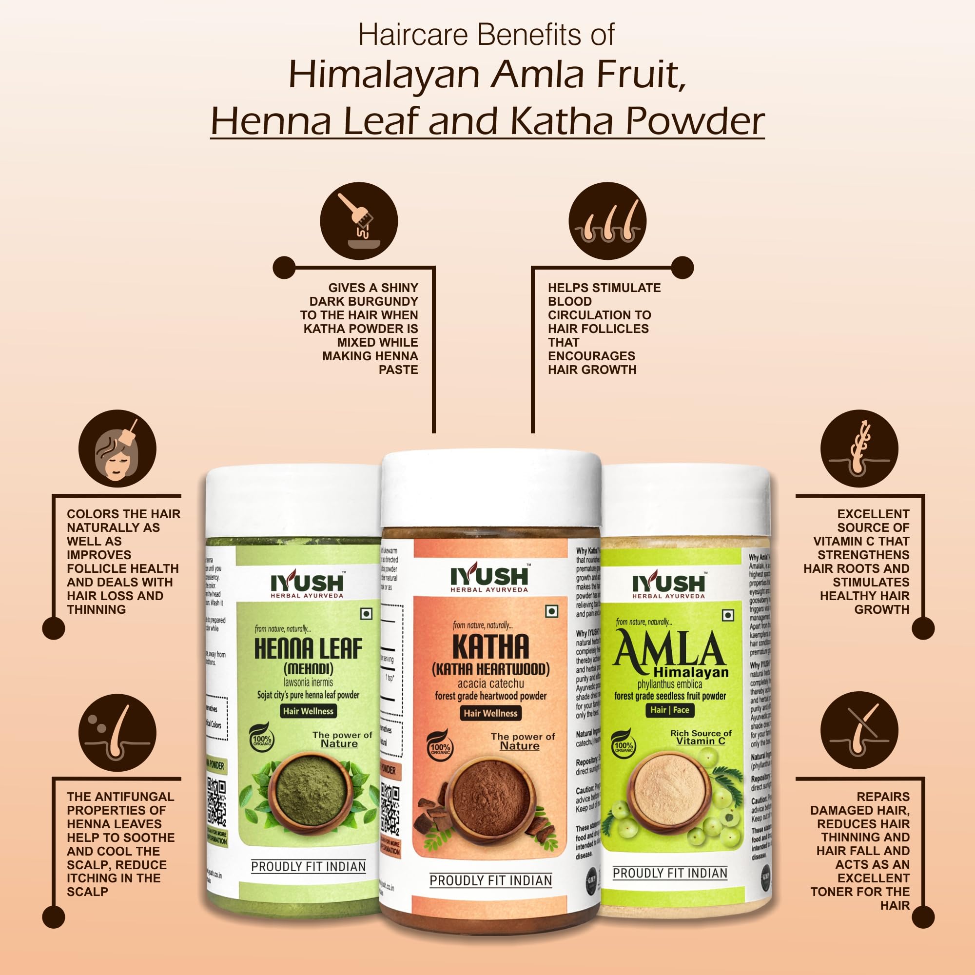 IYUSH Ayurvedic Amla Powder with Katha Powder & Henna Powder for Natural Hair Color & Volume – 300g | Herbal Hair Mask for Dry, Frizzy Hair | 100g Each | Perfect for DIY Hair Treatments & Natural Hair Care at Home