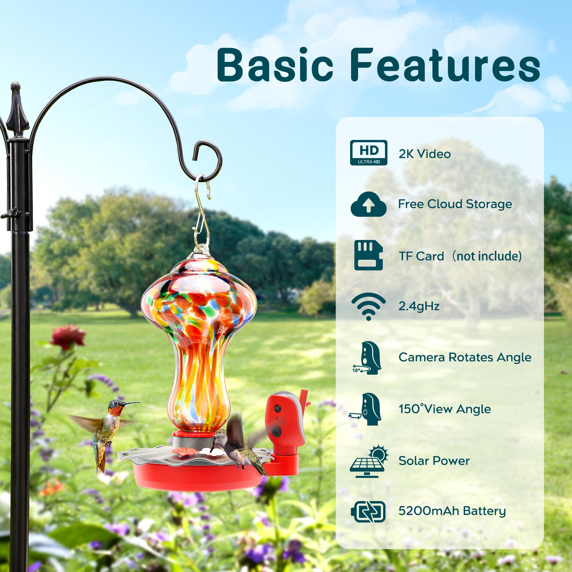 Smart Hummingbird Feeder with 2K HD Camera - Solar Powered AI Bird Identification, Water Level Detection & Instant Alerts | Leakproof Design with Ant Moat | Alexa & Google Assistant Compatible | Perfect for Backyard Birdwatching & Nature Lovers