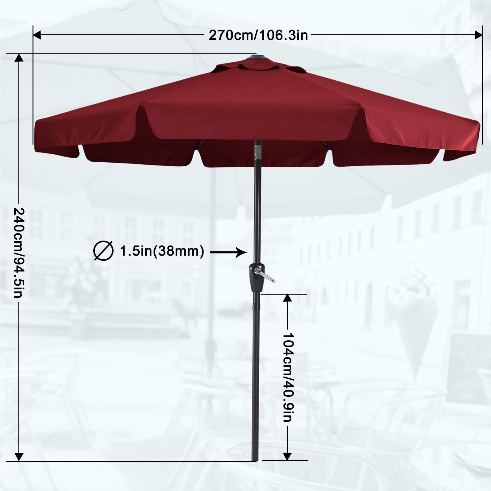 MASTERCANOPY 9ft Burgundy Patio Umbrella with 8 Ribs - Outdoor Table Market Umbrella for Restaurants, Cafes, and Backyard Dining