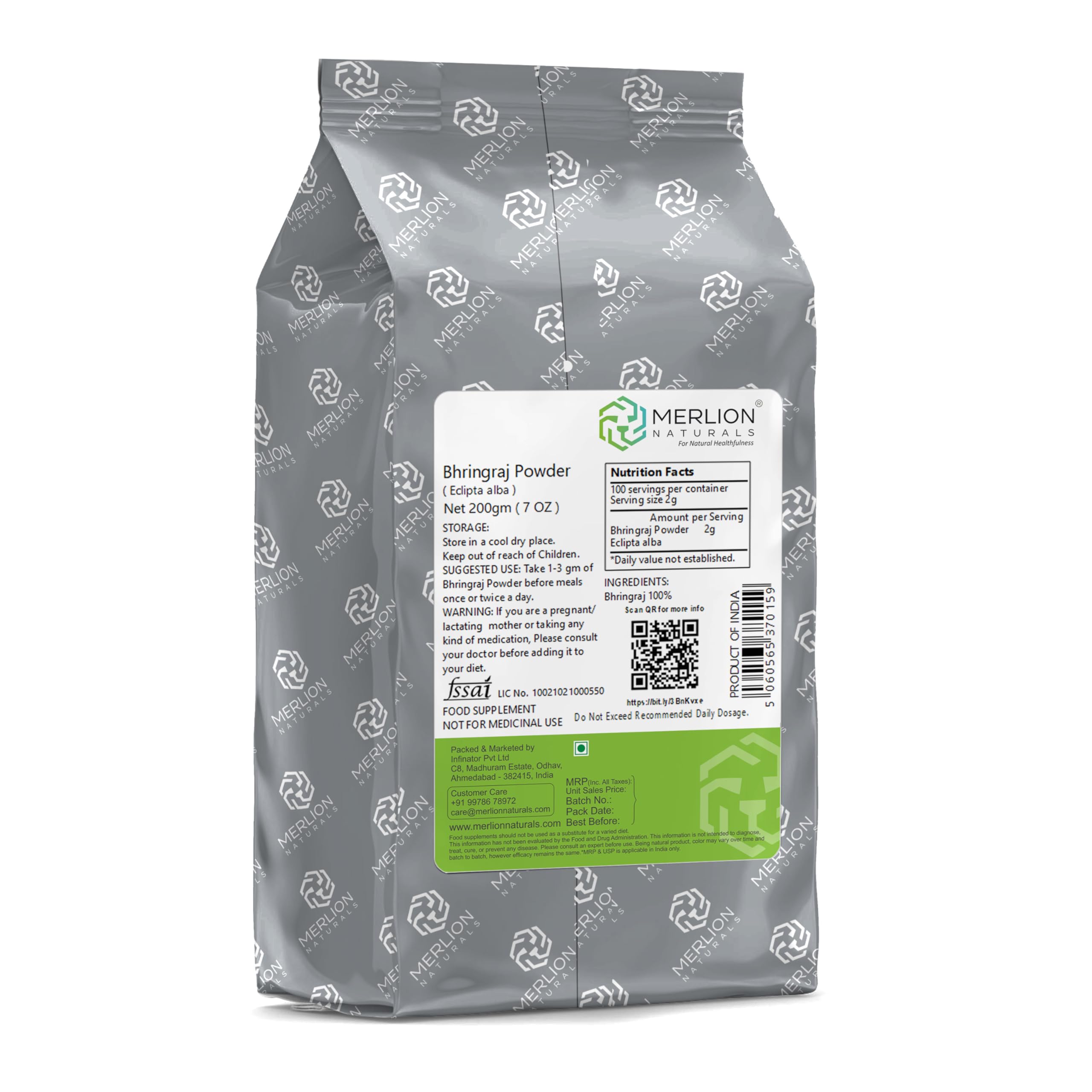 Organic Bhringraj Powder (Eclipta Alba) for Hair Growth - 200g by Merlion Naturals | Ayurvedic Herbal Treatment for Thicker Hair & Scalp Health | Perfect for DIY Hair Masks & Ayurvedic Remedies