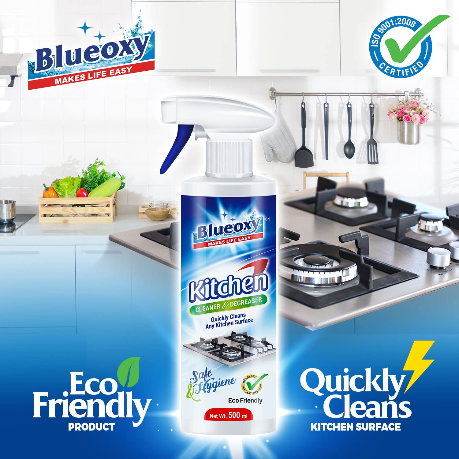 Herbo Pest BLUEOXY Kitchen Cleaner Degreaser - All-Purpose Surface Cleaner for Stove Tops, Chimneys & Grease Removal | 500ml Ready-to-Use Spray | Ideal for Kitchen Oil Stains, Glass Cleaning & Heavy-Duty Degreasing | Perfect for Home, Restaurant & Commercial Use