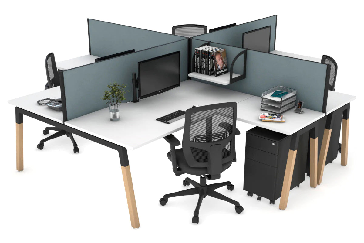 Quadro Wood A Legs Cross Beam 4-Person Corner Workstation Desk - 1600L x 1800W with Cable Management Scallop - Perfect for Office, Home Workspace & Collaborative Environments