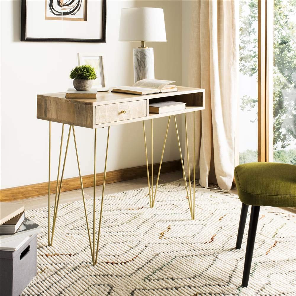Safavieh Marigold Modern Hairpin Leg Desk with 1 Drawer - Natural Wood & Brass Finish - Perfect for Home Office, Study Room, or Workspace