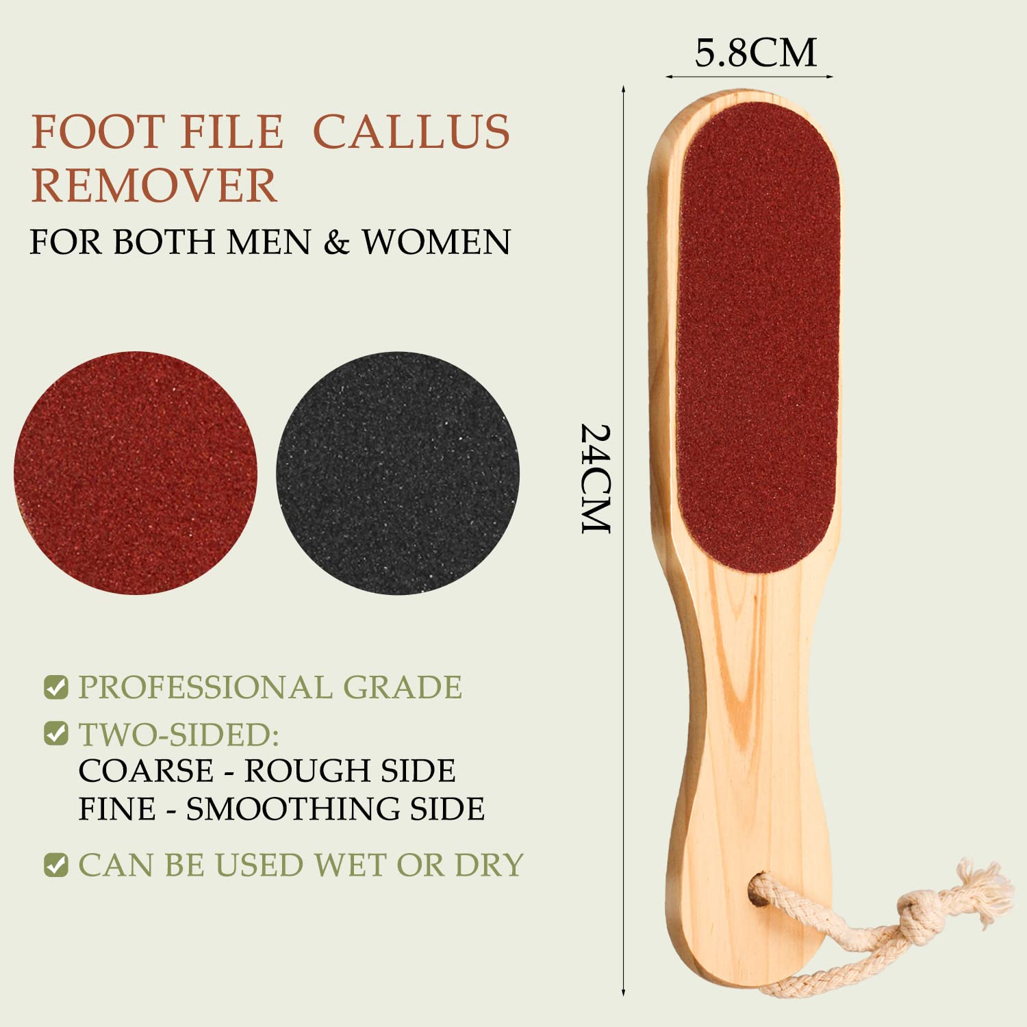 Double Sided Wooden Foot File - Hard Skin Remover & Callus Scraper for Cracked Feet - Wet & Dry Use - Pedicure Tool for Dead Skin Exfoliation & Foot Care at Home or Salon