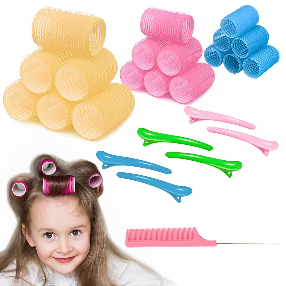 MAYCREATE® Heatless Hair Curler Roller Kit - 3 Sizes Self-Grip Magic Hair Rollers for Long, Medium & Short Hair with 6 Bang Clips & Stainless Steel Comb | No Heat Curling for Natural Waves & Overnight Styling