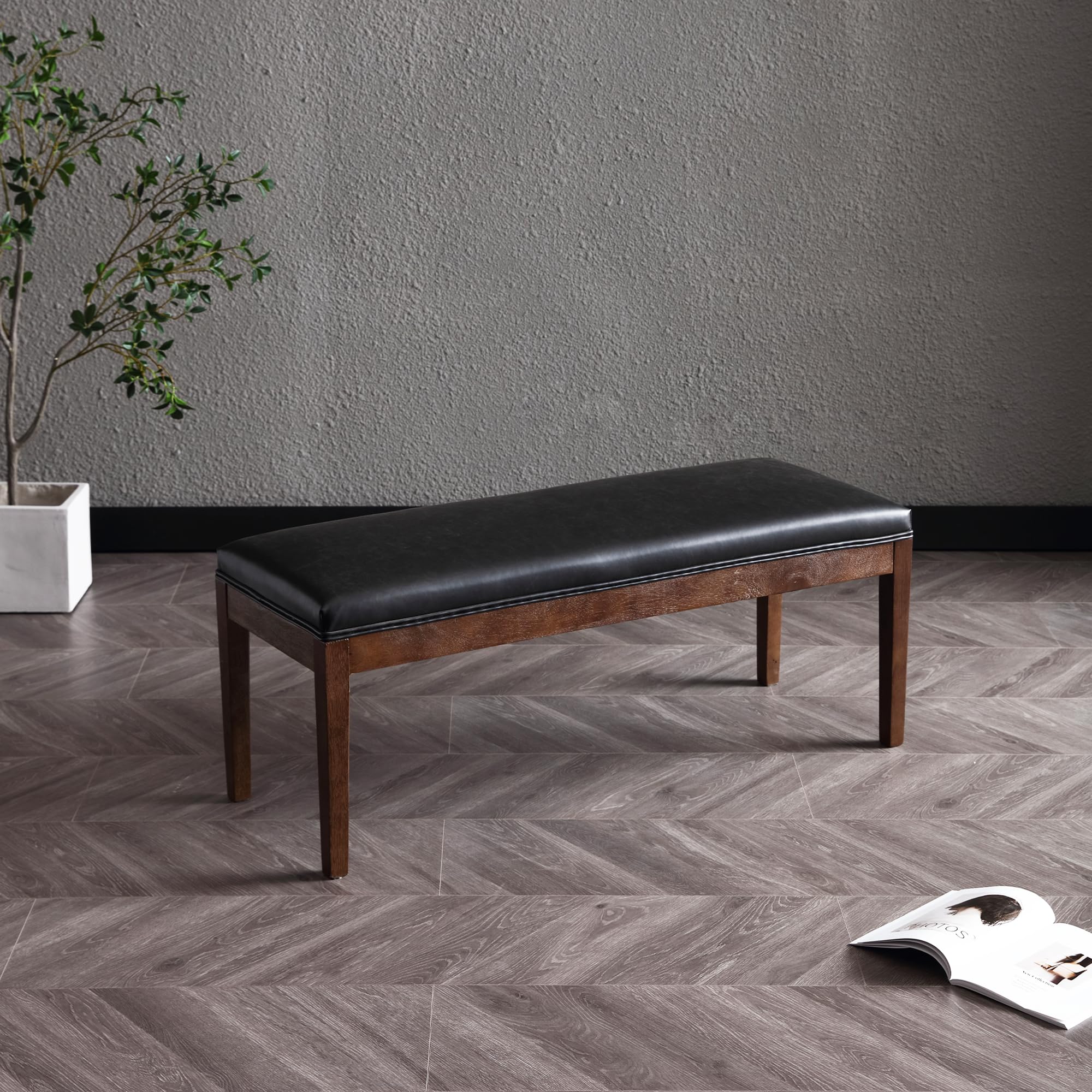 Modern Upholstered Entryway Bench with Wood Legs - PU Leather Shoe Bench for Hallway, Porch, Bedroom, Dining Room - Perfect for Entry Storage, Bed End Seating & Kitchen Window Decor (Black)