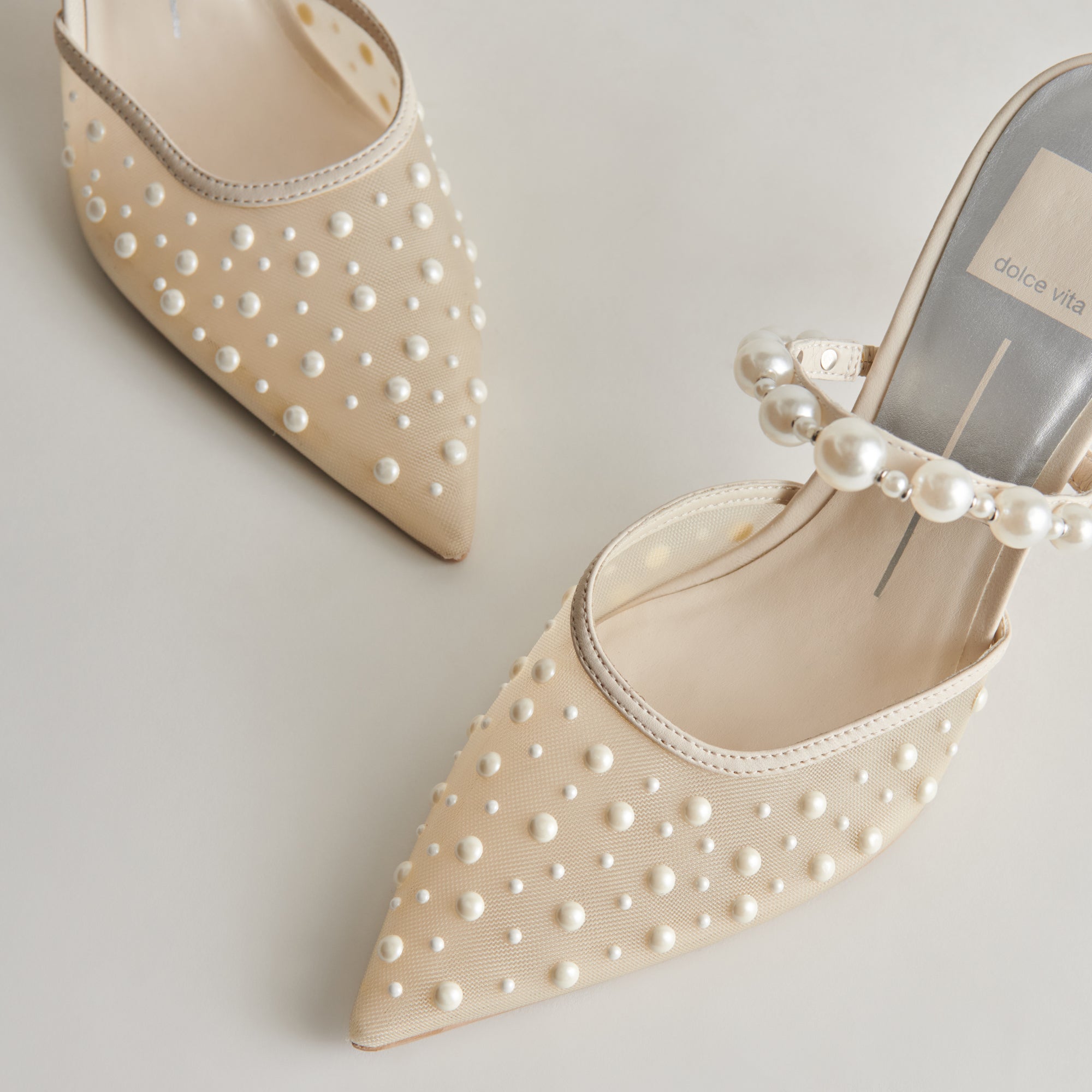 KATIK Women's Ivory Pearl Embellished Mesh High Heels - Elegant Evening Shoes for Parties, Weddings & Special Occasions
