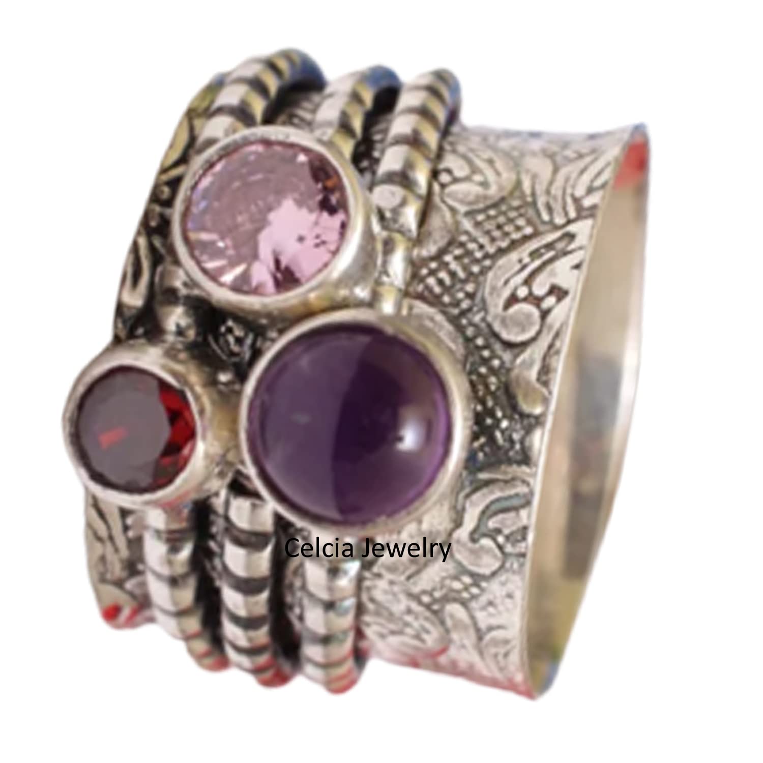 Amethyst & Garnet Double Gemstone Silver Spinner Ring - January & February Birthstone Jewelry, Meditation & Anxiety Relief Fidget Ring, Size 7 - Perfect for Stress Relief, Focus & Spiritual Healing