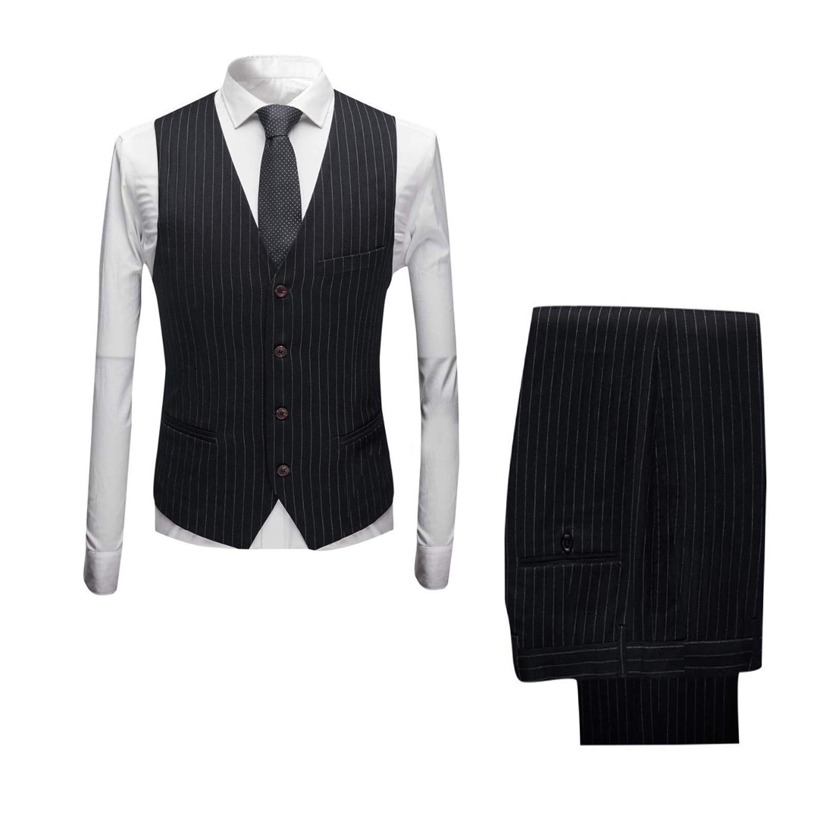 Men's Slim Fit Pinstripe Suit Set with Peaked Lapel Jacket & Vest - Formal Business Attire for Weddings, Interviews & Office Wear