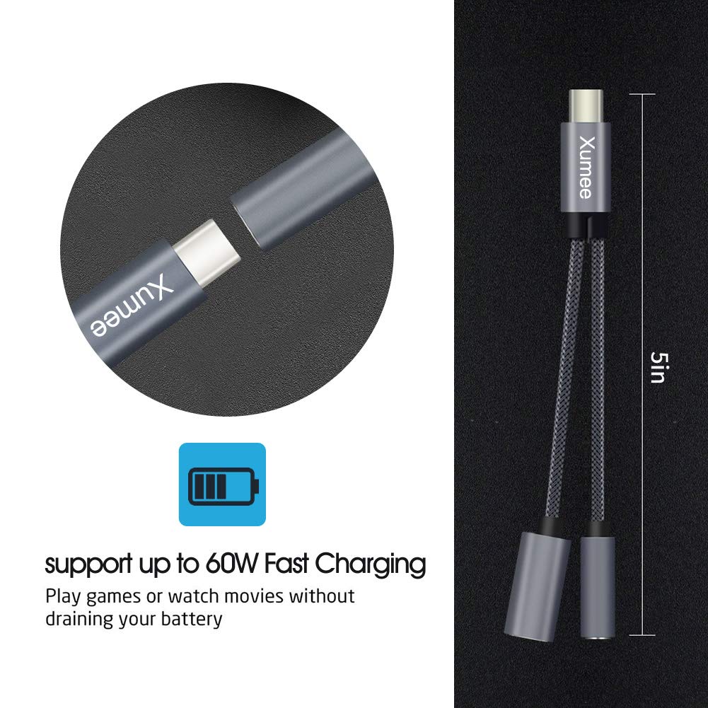Xumee USB C to 3.5mm Headphone Jack & Fast Charger Adapter - 2-in-1 Hi-Res DAC Audio & Charging Dongle for iPhone 16/15 Pro Max, Galaxy S25/S24 Ultra - Perfect for Travel, Gaming & Music (Grey)