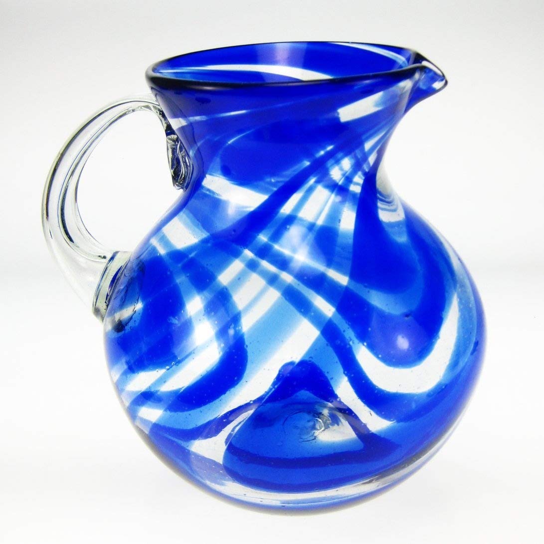 Hand Blown Blue Swirl Glass Pitcher Set with Display Rack - 6 Piece Barware Collection for Iced Tea, Lemonade & Cocktail Serving - Perfect for Home Entertaining, Restaurants & Weddings