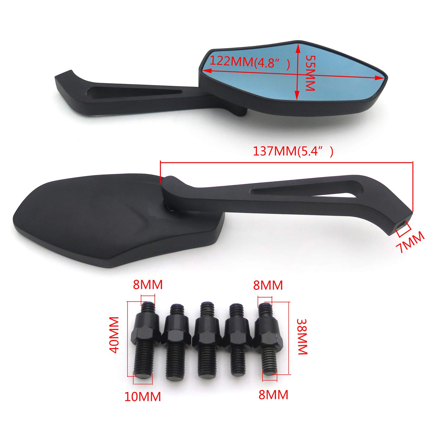 HTTMT MT400-009 Black Motorcycle Mirrors - 8mm & 10mm Clockwise Screw Bolt Compatible with Suzuki, Kawasaki, Yamaha, Harley (Handlebar Mount) - Perfect for Cruiser, Touring & Street Bikes