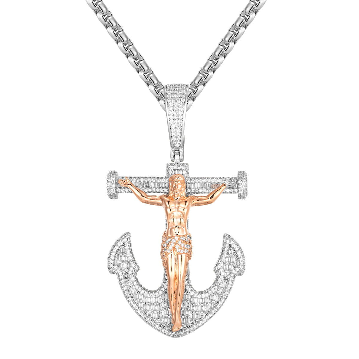 Men's Cross Anchor Jesus Iced Out Rose Gold Tone Pendant Necklace - Religious Jewelry Gift for Baptism, Confirmation & Everyday Wear
