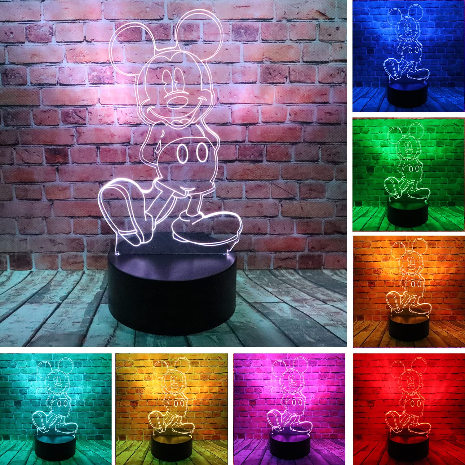 3D Optical Illusion LED Night Light - Cartoon Mickey Mouse & Minnie Mouse Figurine with Remote Control, 7 Color Changing Acrylic Table Lamp for Kids' Bedroom Decor | Perfect Birthday Gift for Children | Creates Magical Ambiance for Sleep, Nursery, and Party Decorations