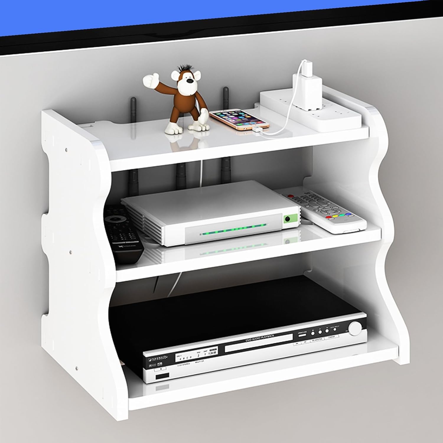 Floating Wall Shelf for Modem & Router - White PVC Wall Mount Shelf for Home Office, Living Room, Bedroom - Compact Storage Solution for WiFi Equipment, Books & Decor (191-White-PVC)