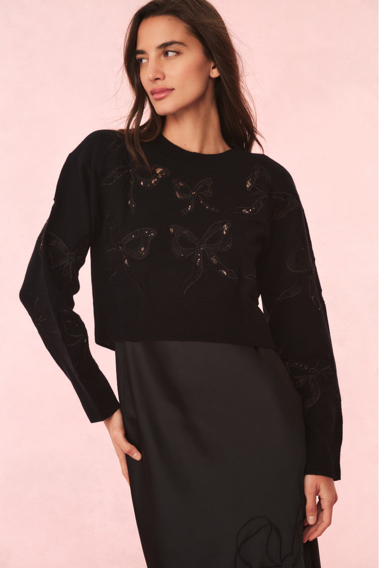 Parson Bow Print Pullover Sweater for Women - Elegant Black Knit Top for Casual Wear & Office Outfits | Perfect for Fall & Winter Fashion