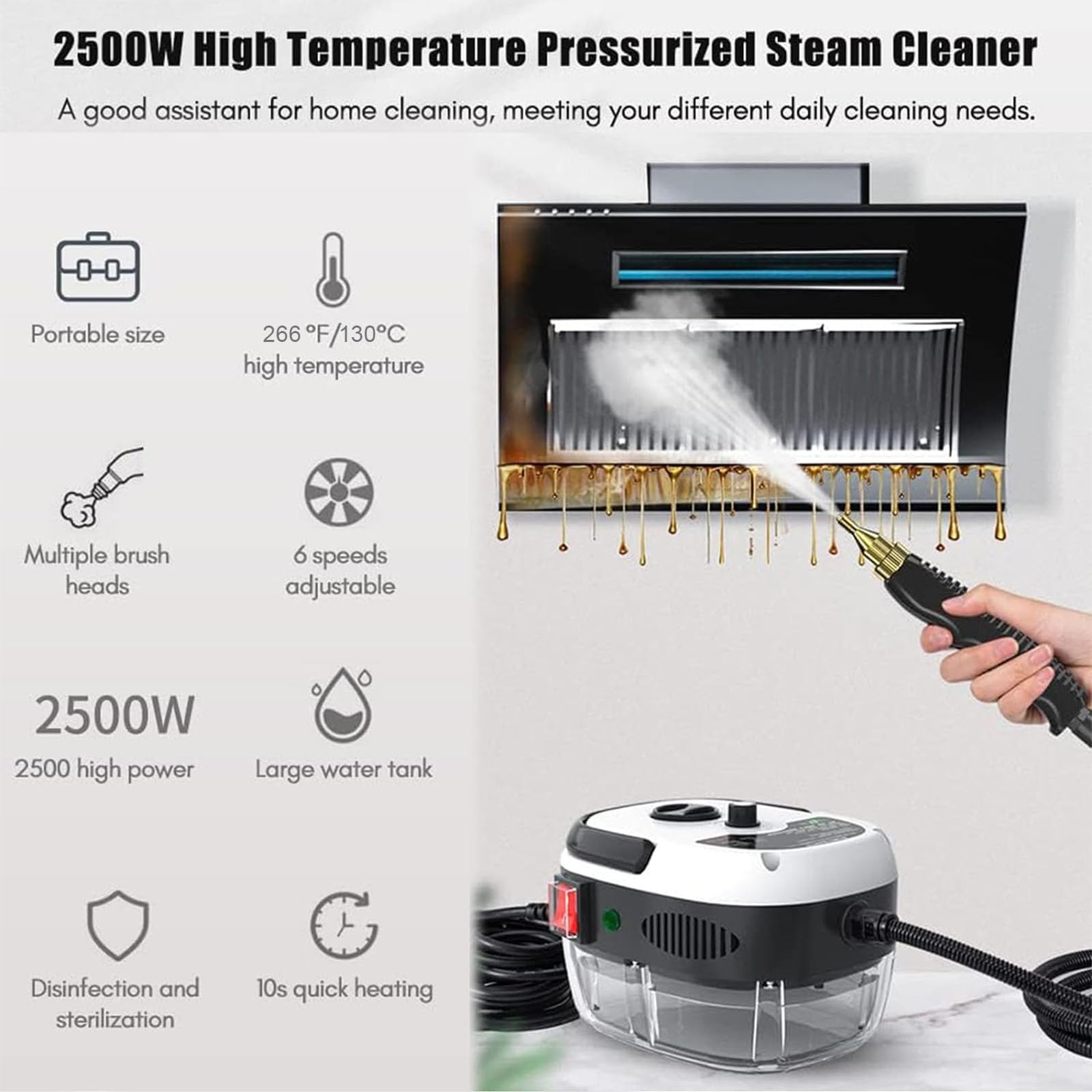2500W Handheld Steam Cleaner for Home & Car - Fast Heating, 3 Brush Heads