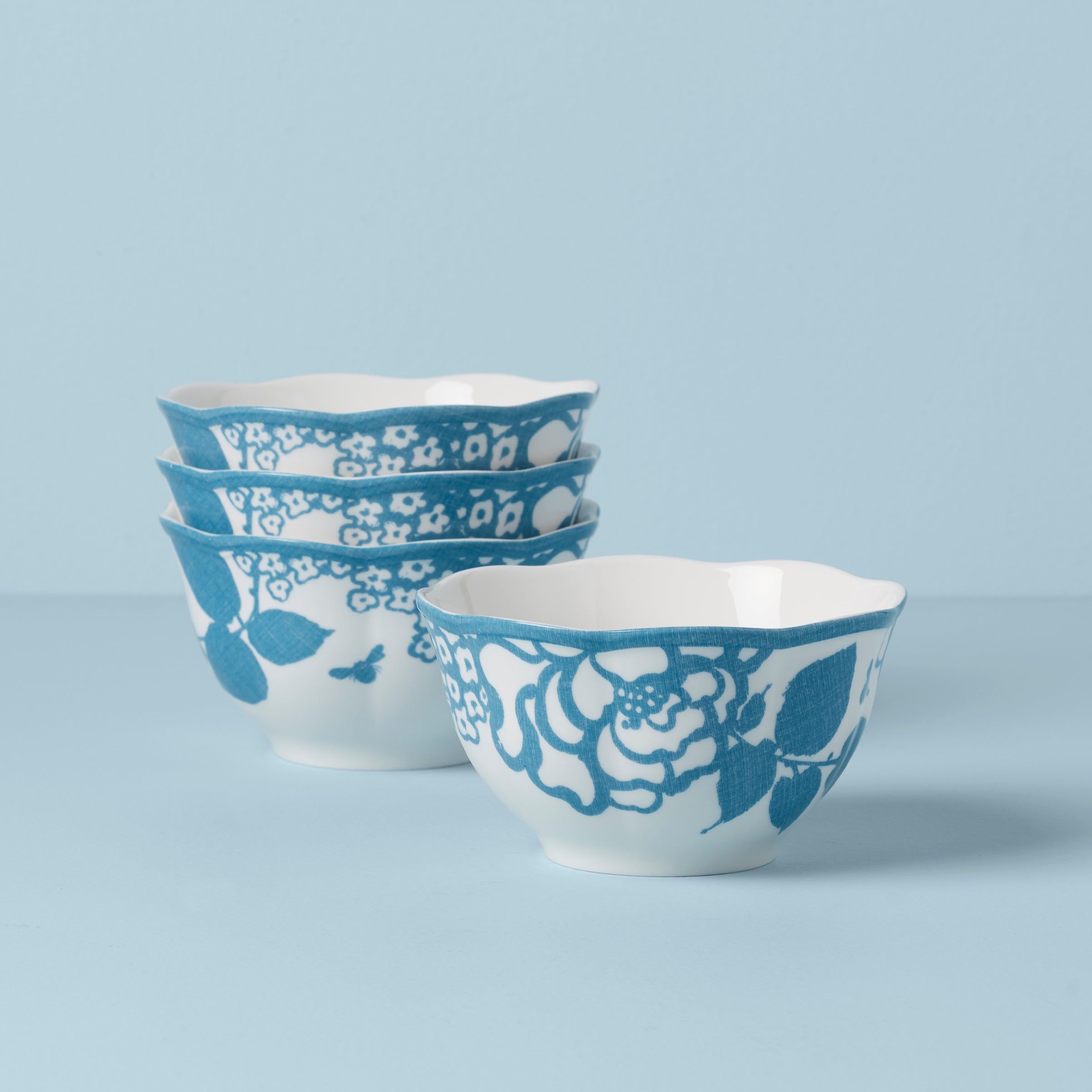 Butterfly Meadow Cottage Rice Bowls Set of 4 - Cornflower Blue Ceramic Dinnerware for Home, Kitchen & Restaurant Use