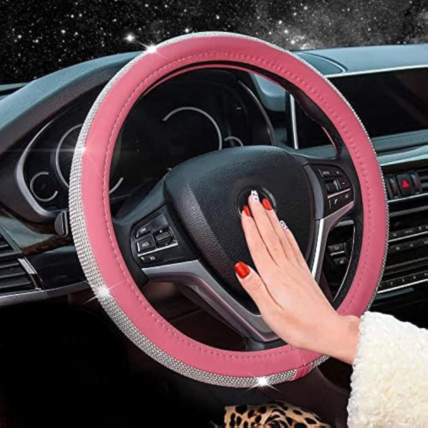 Luxury Diamond Leather Steering Wheel Cover with Bling Crystal Rhinestones - Universal 15 Inch Fit for Cars, SUVs & Trucks - Elegant Pink Design for Women & Girls - Perfect for Daily Commute, Road Trips & Gift Giving