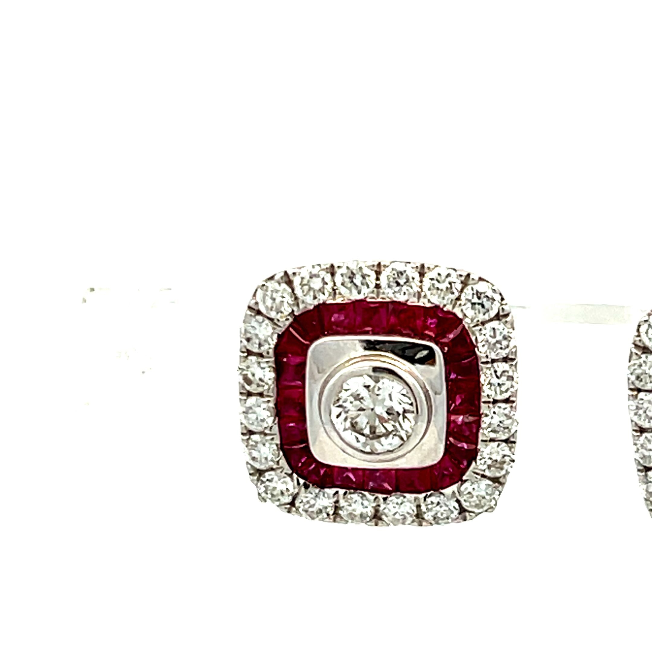 1.21 Carat Round Brilliant Diamond & 0.82 Carat Ruby 18K White Gold Stud Earrings for Women - Luxury Bridal Jewelry, Anniversary Gift, Valentine's Day Present