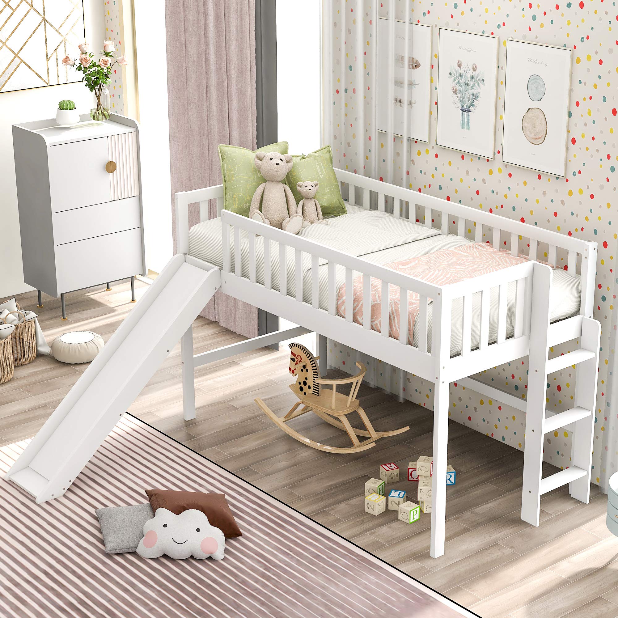 Twin Size Wooden Loft Bed with Slide - Low Bunk Bed Frame for Kids, Boys & Girls (White) - Perfect for Small Bedrooms, Playrooms & Kids' Sleepovers