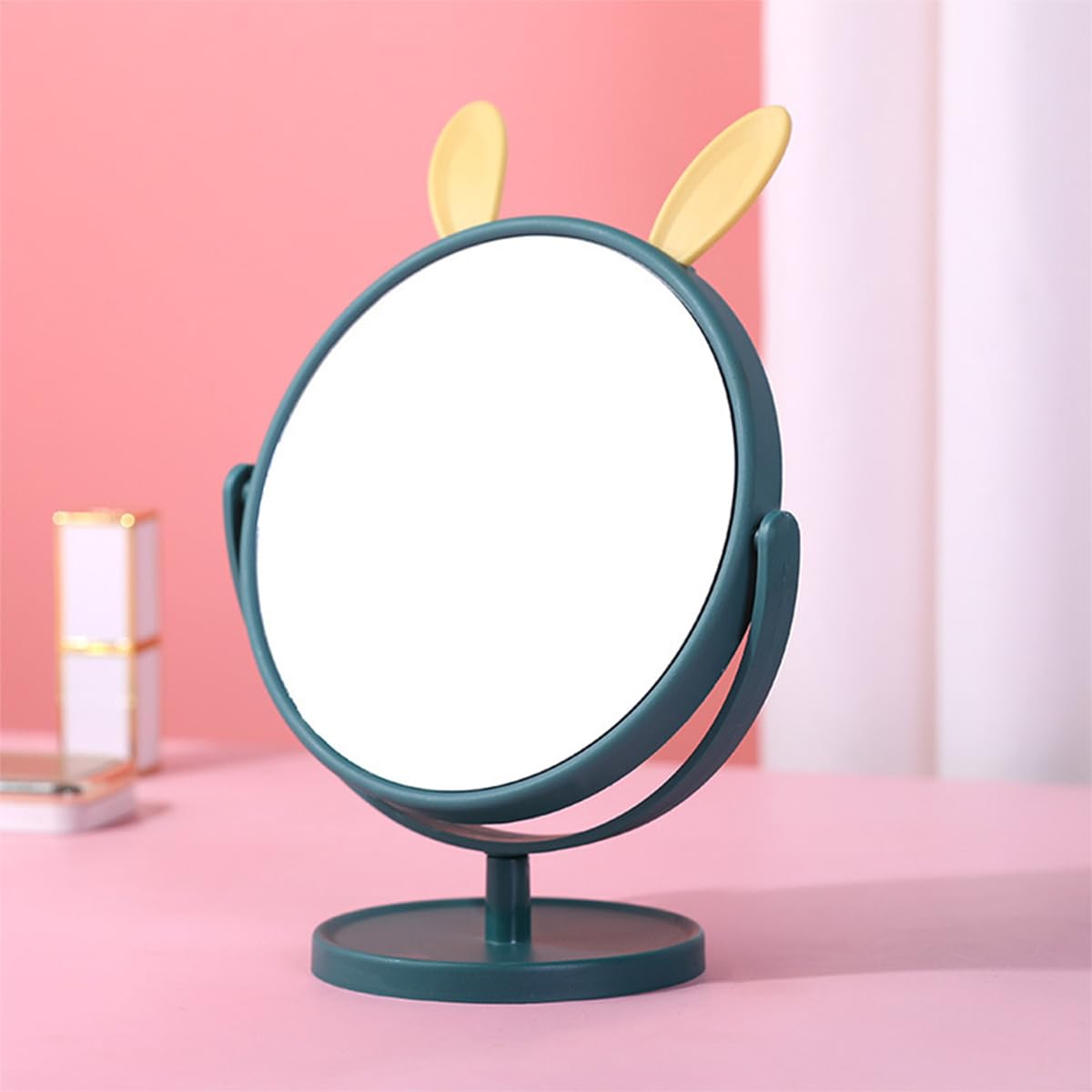 Leeonz Round Glass Vanity Mirror with Stand - Wall Mount or Desk Makeup Mirror with Adorable Rabbit Ears (Green/Yellow) for Bedroom, Bathroom & Dressing Room