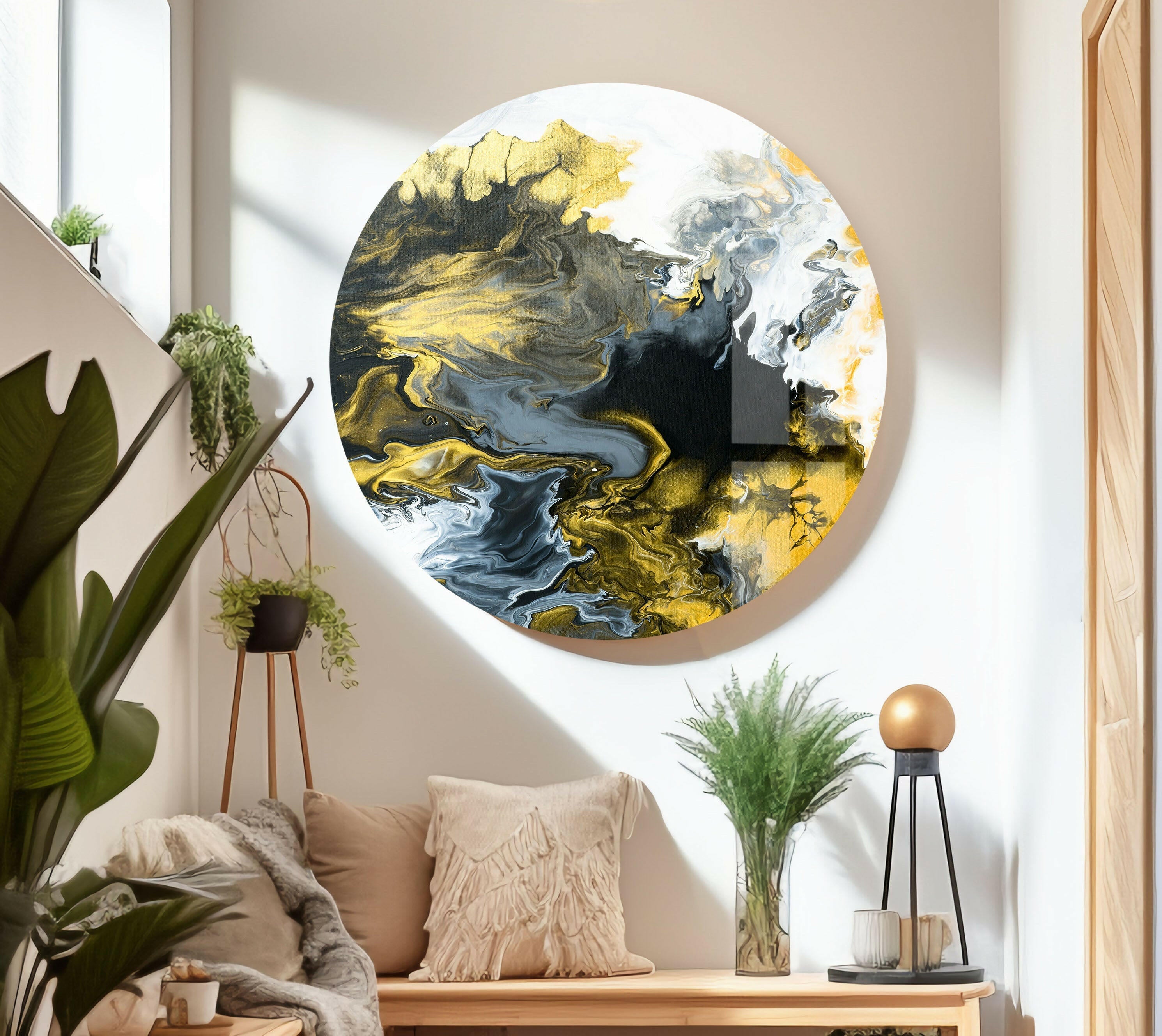 Abstract Glass Wall Art in Black, White & Gold - Modern Home Decor for Living Room, Bedroom & Office