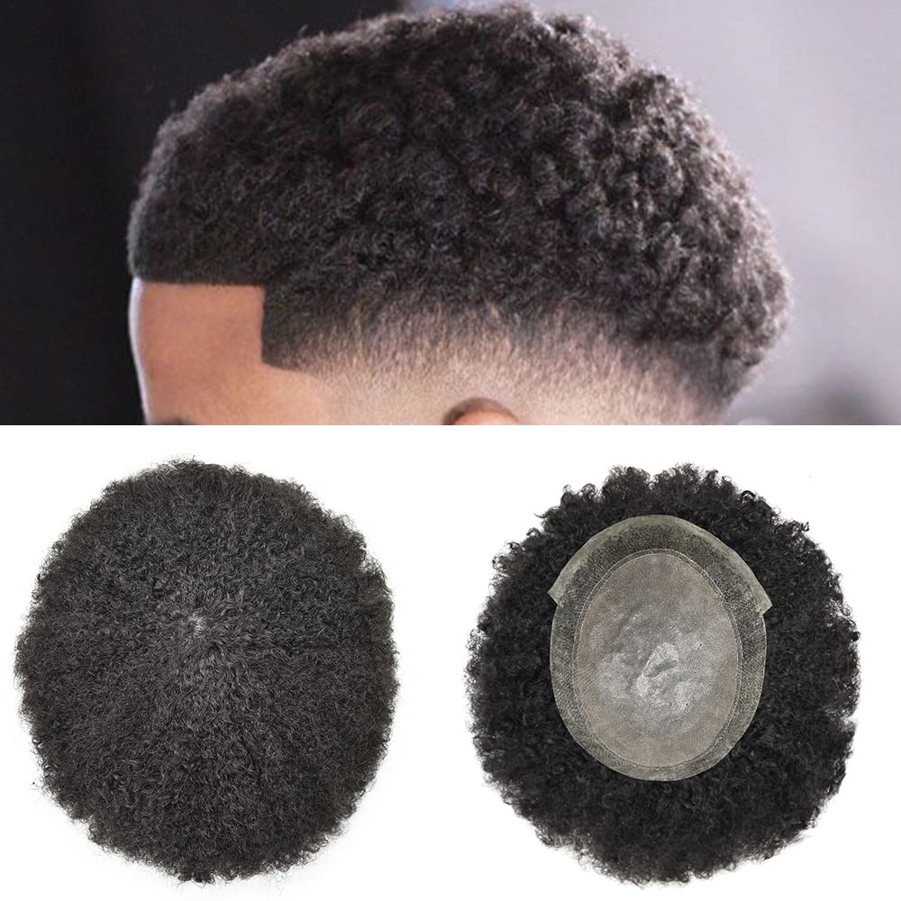 100% Human Hair Afro Toupee for Black Men - Kinky Curly Man Weave Hair Units | African American Hair System | 8''x10'' AFRO-PU-F (Jet Black, 8mm Wave) - Perfect for Daily Wear, Cosplay & Special Events