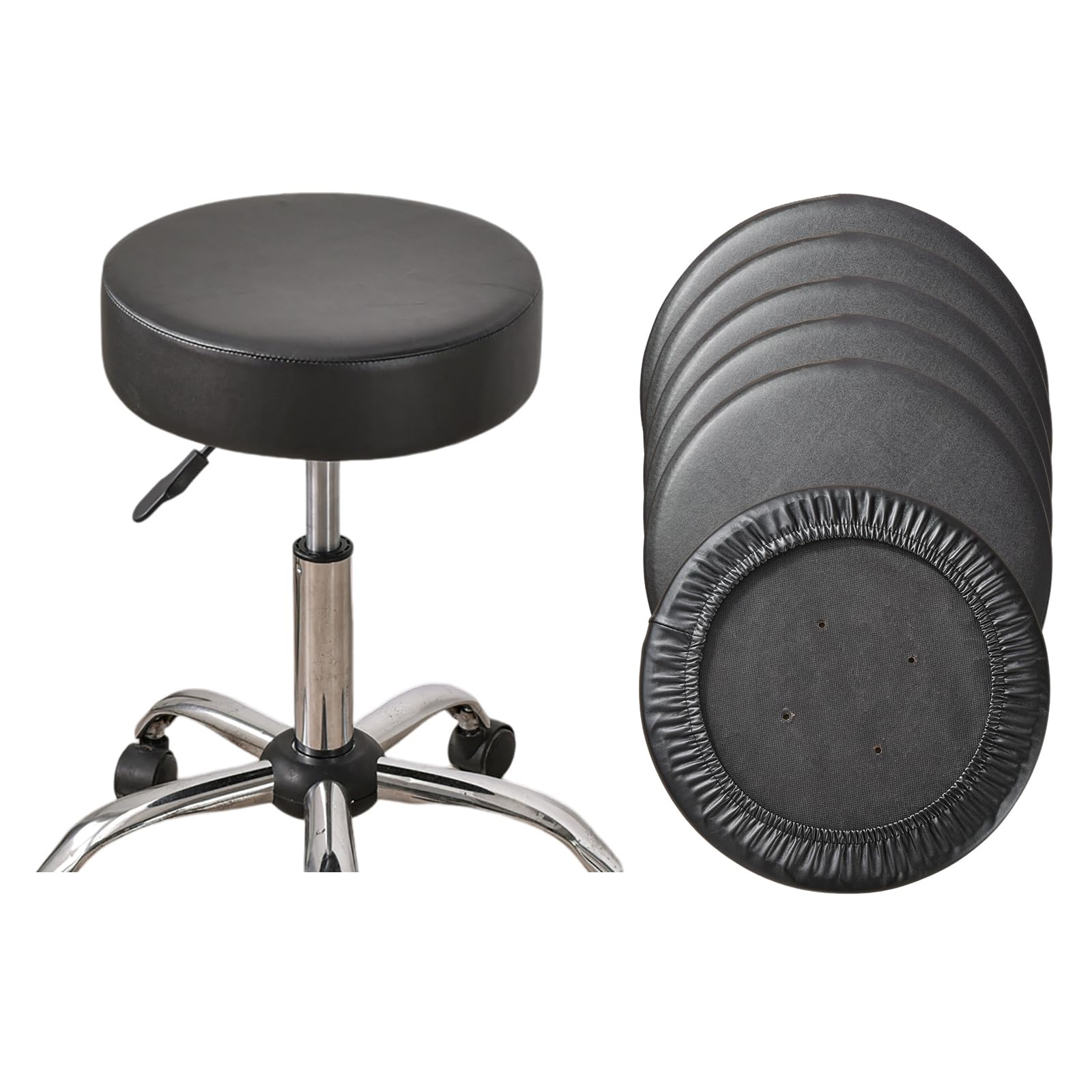 HAOYONG Waterproof PU Leather Bar Stool Covers Set of 6 - Stretchable Round Seat Cushion Covers with Non-Slip Bottom for Kitchen, Dining Room & Bar | Perfect for Home Decor, Restaurant Use & Outdoor Entertaining - Black