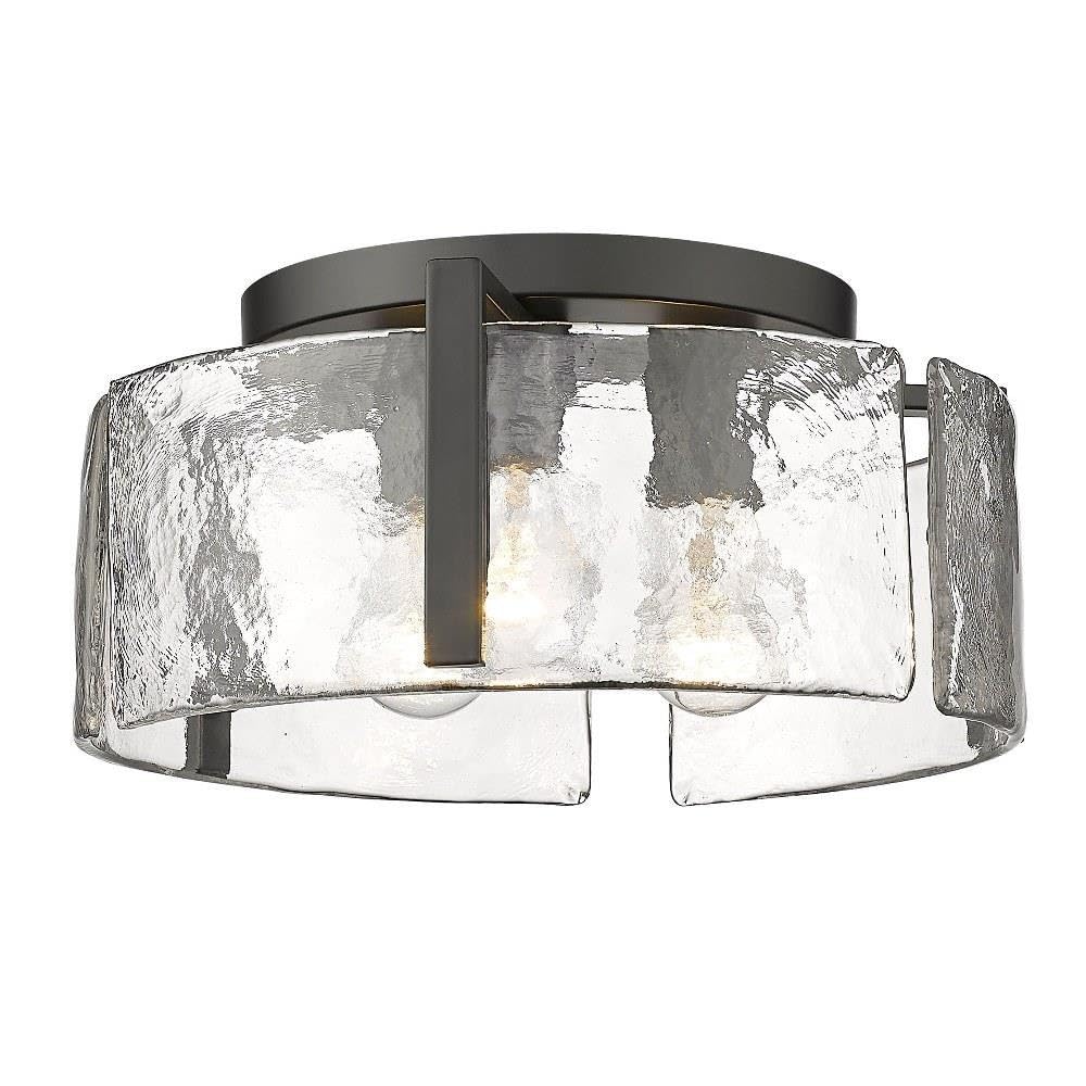 Modern 3-Light Flush Mount Ceiling Light - Matte Black Steel with Hammered Glass Panels - 15