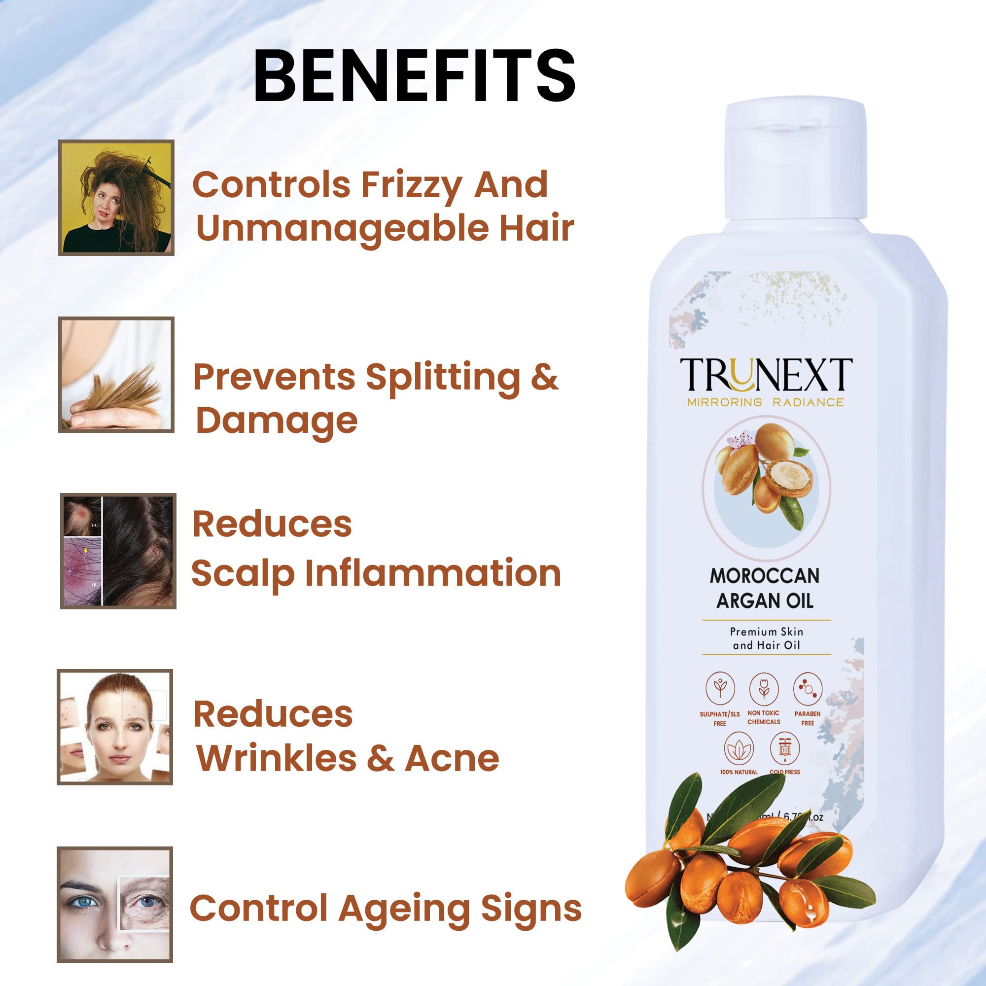 TRUNEXT Moroccan Argan Oil for Hair - 200ml Natural Hair Treatment to Revive, Protect & Strengthen Dry, Damaged Locks - Perfect for Daily Hydration & Heat Styling Protection