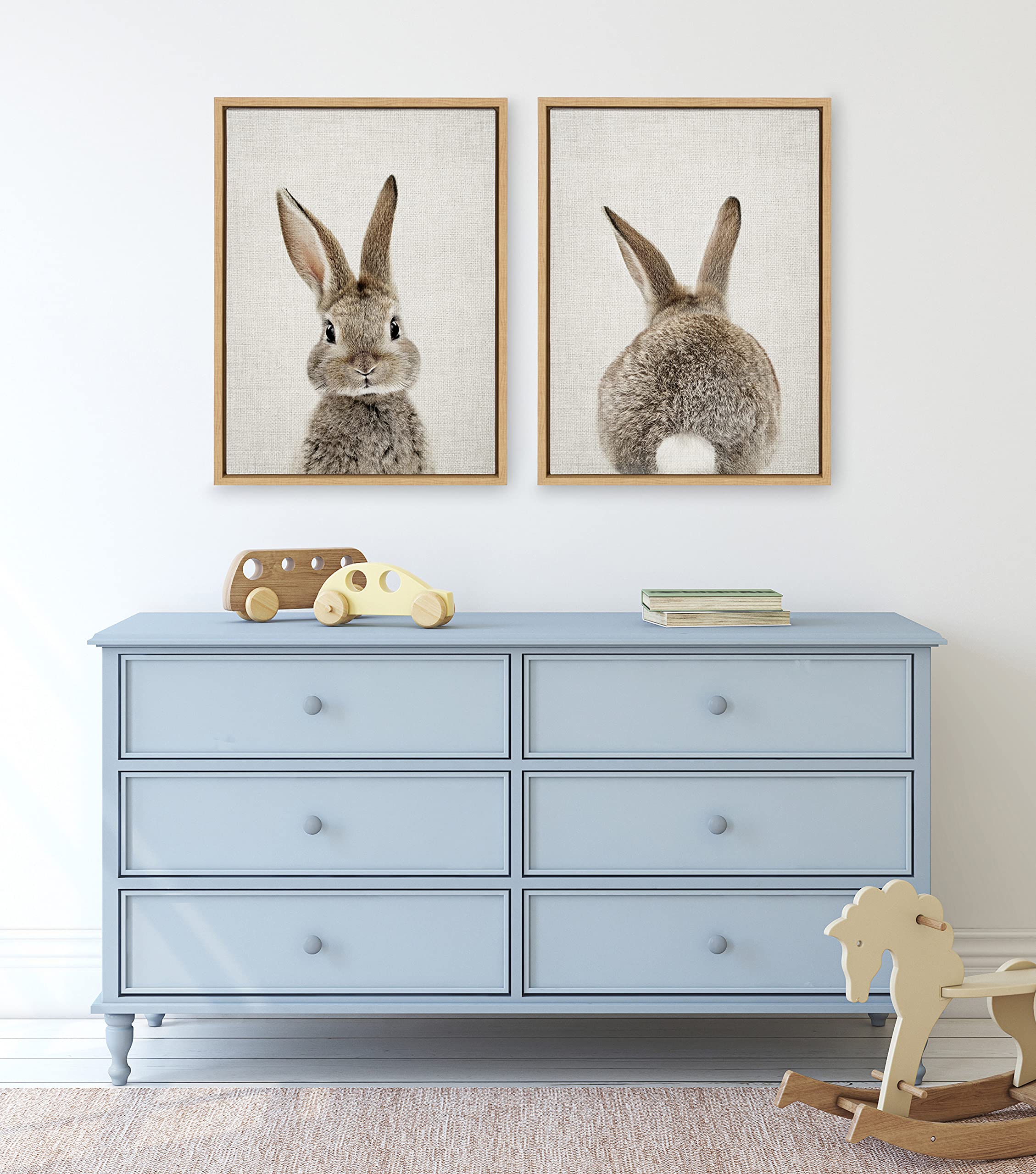 Cute Bunny Wall Art - Amy Peterson Framed Canvas Painting, 18x24 Inches, Natural Wood Frame - Perfect for Nursery, Kids Room & Farmhouse Decor | Adorable Baby Animal Portrait with Bunny Tail Details