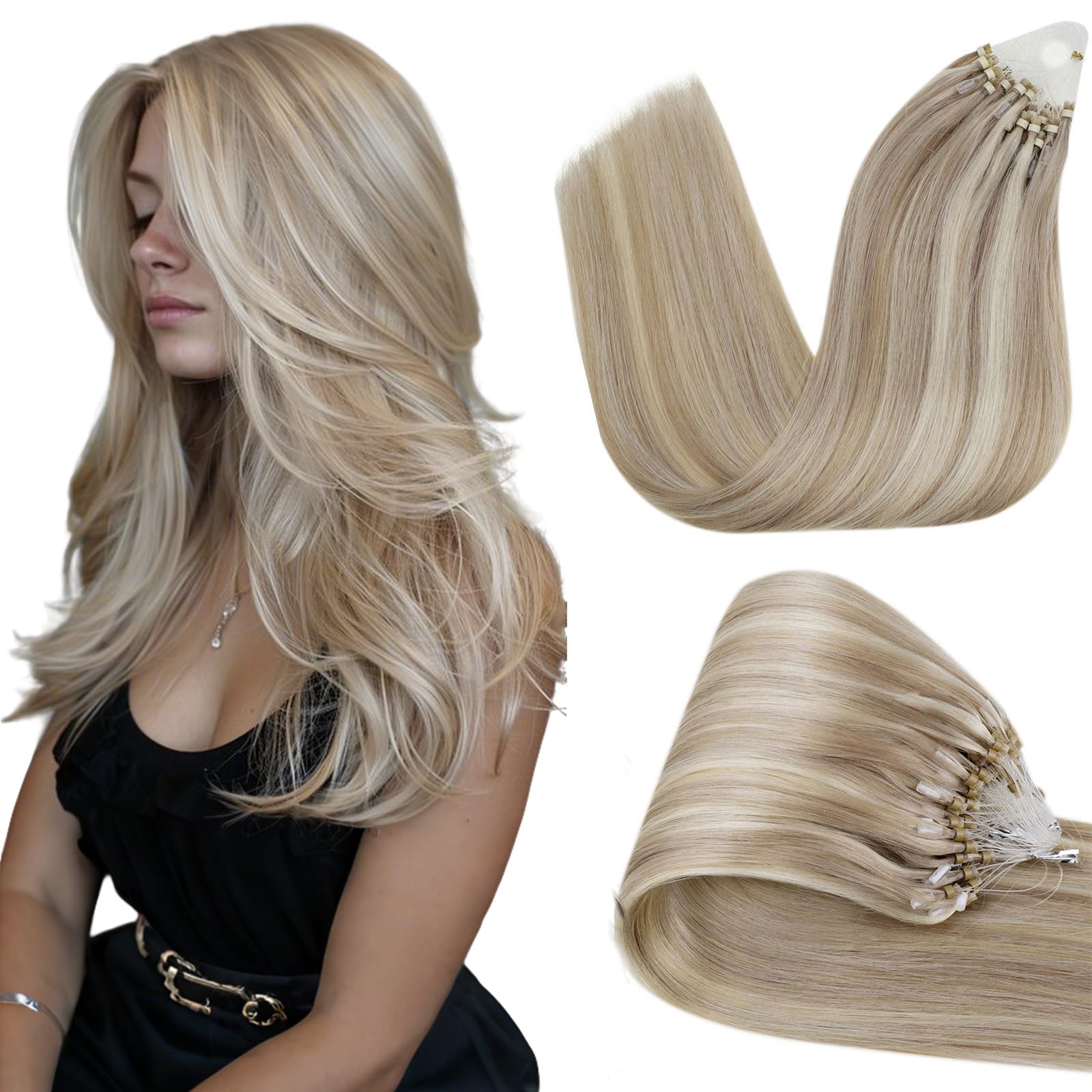 Hetto 18 Inch Micro Bead Hair Extensions - 50 Strands 50g Real Human Hair Straight in Blonde, Dirty Blonde & Golden Blonde Highlights (#17/23) | Seamless Micro Ring & Link Extensions for Volume & Length | Perfect for Parties, Weddings & Everyday Styling