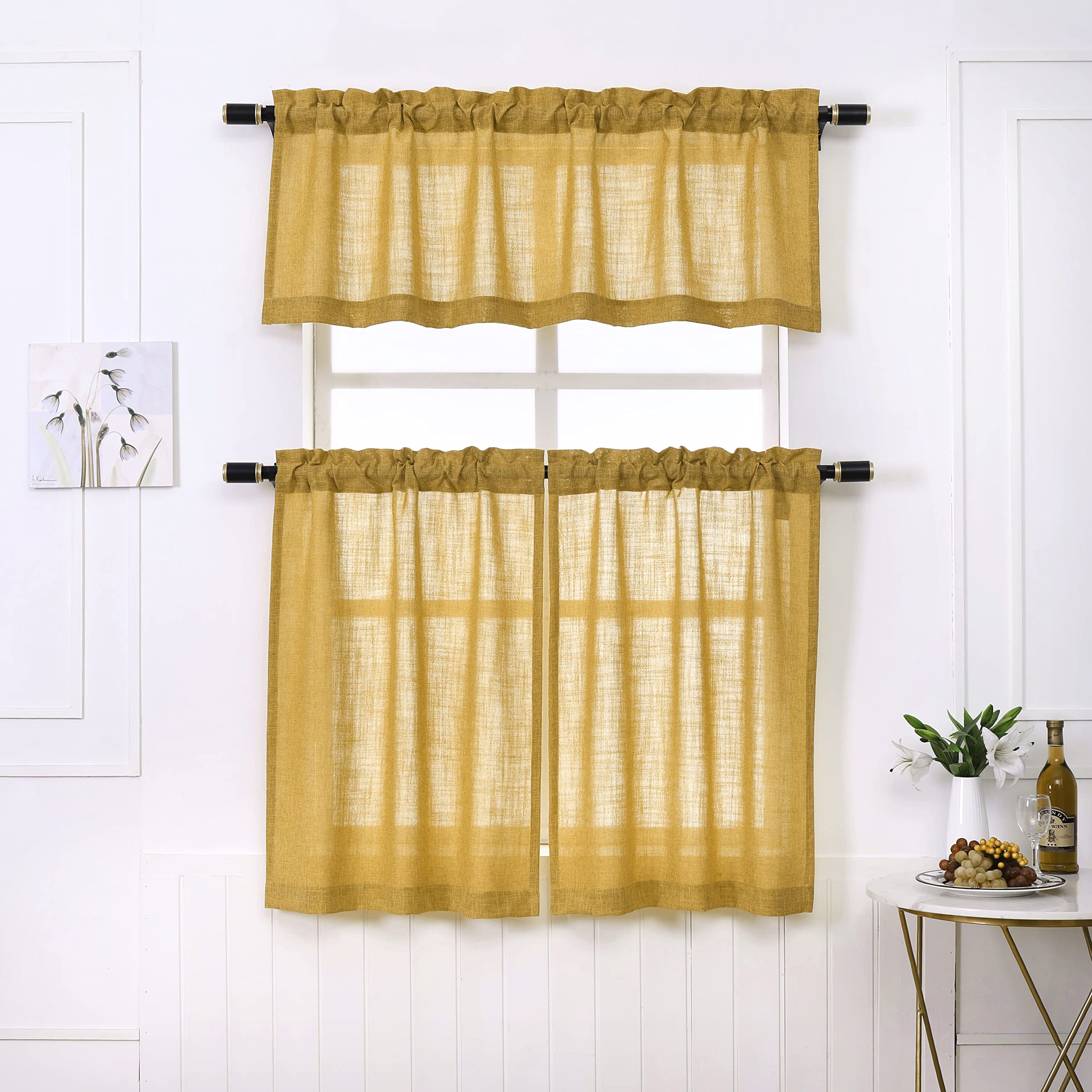 GYROHOME Semi Sheer Short Gold Curtains - Pack of 3, Kitchen Cafe Curtains with Casual Weave, Half Window Treatments for Small Windows (52x14 inch + 26x24 inch Panels) - Perfect for Kitchen, Bathroom, and Office Windows