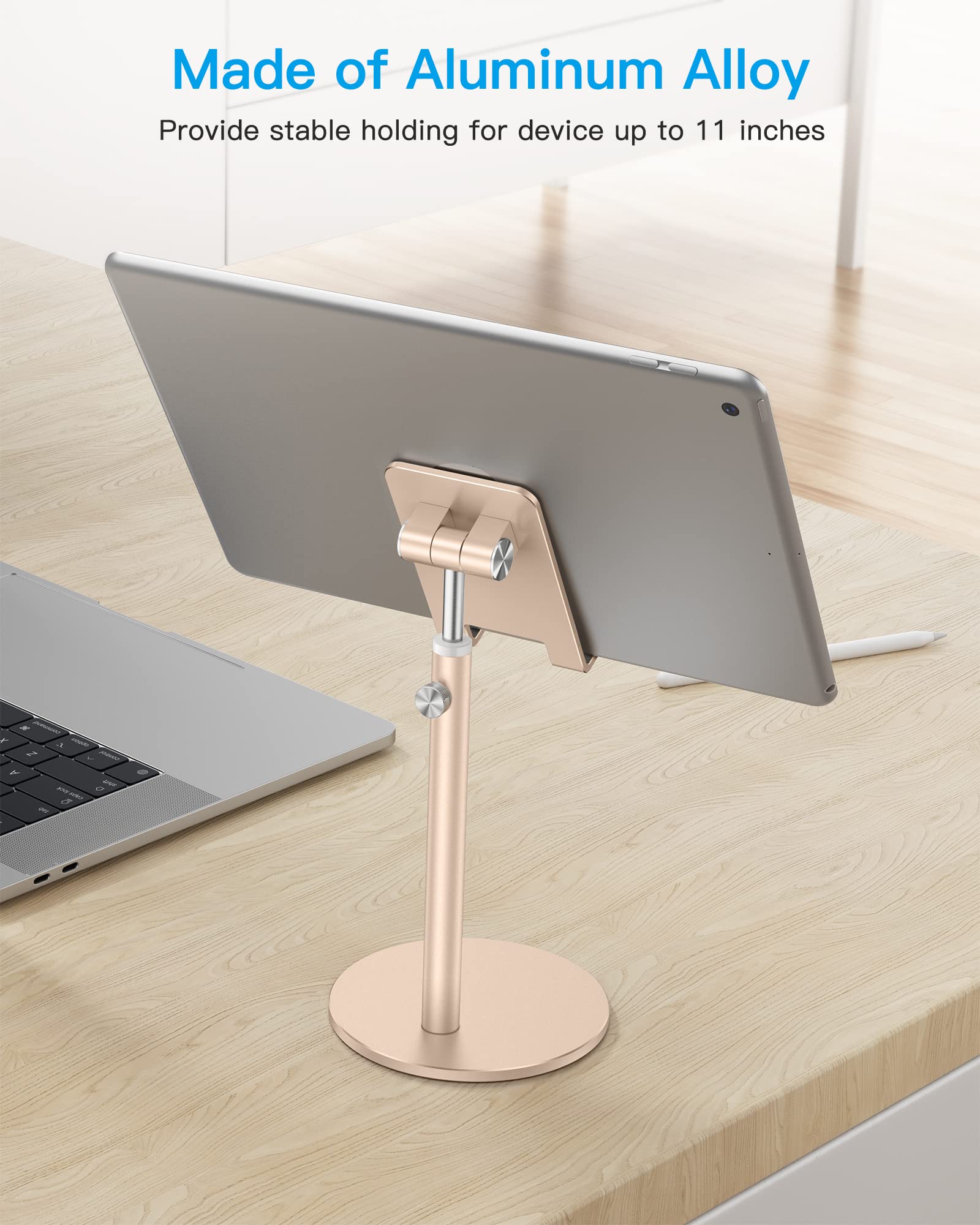OMOTON Adjustable Aluminum Phone Stand for Desk - Gold | Compatible with iPhone 13/12/11/Pro/Max, Samsung Galaxy, All Smartphones & Tablets 4-11