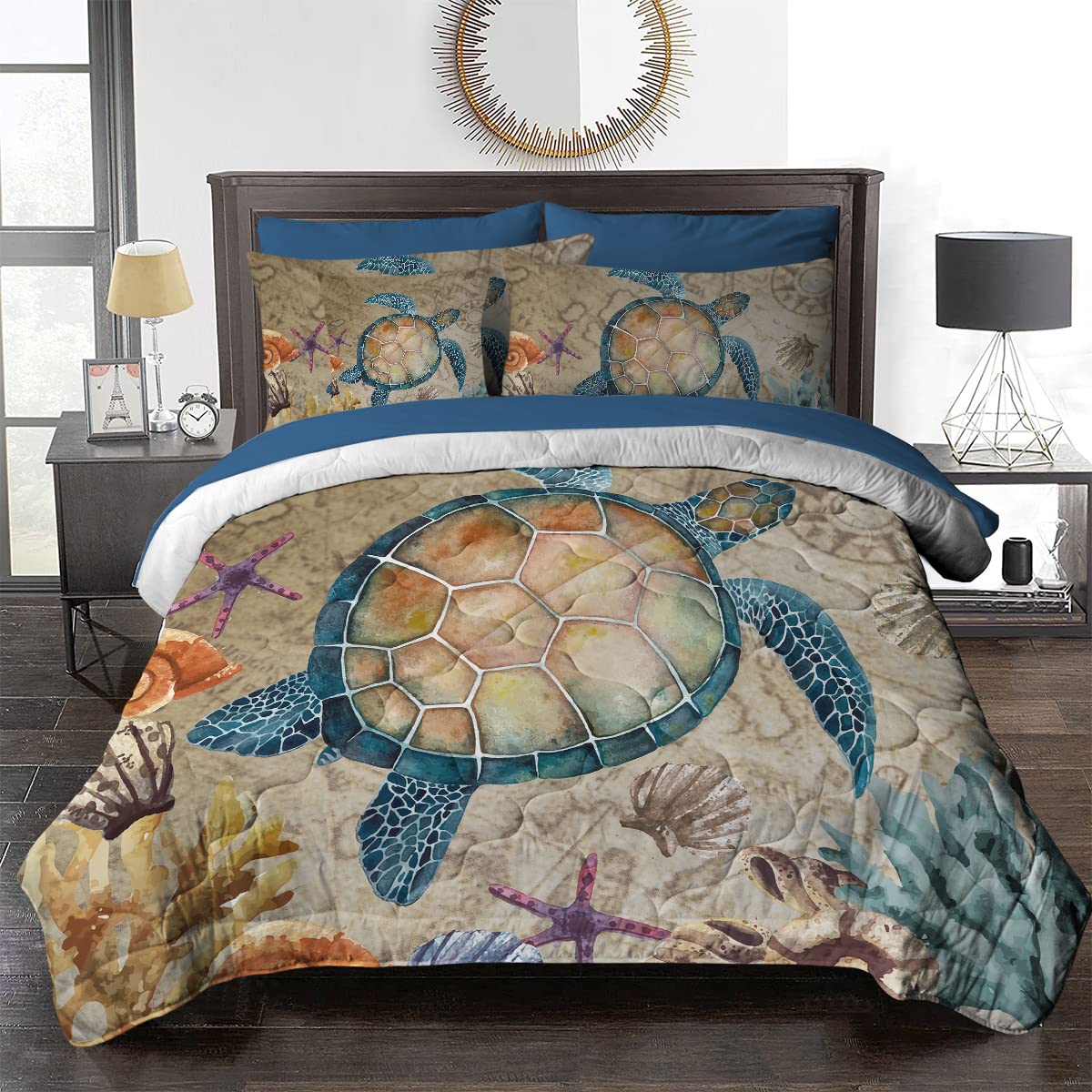 BlessLiving Rustic Sea Turtle Comforter Set - King Size Vintage Beach Turtle Bed in A Bag - 8 Piece Coastal Bedding Set for Beach House, Guest Room & Nautical Themed Bedroom Decor