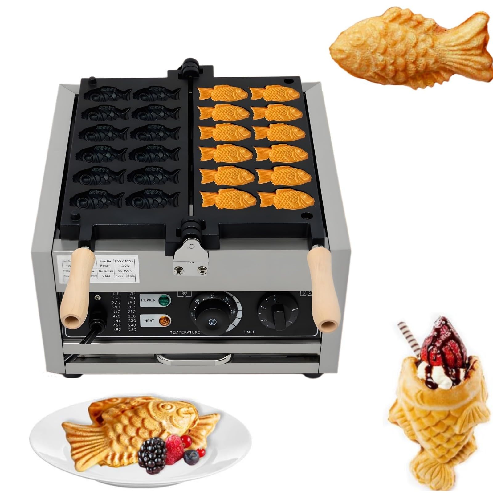 Electric Taiyaki Waffle Maker 1800W - Non-Stick Fish Shaped Waffle Iron with Adjustable Temperature (122-572°F) & 12 Cavities - Perfect for Restaurants, Cafes, Snack Shops, and Home Breakfast - Make Delicious Japanese Fish-Shaped Pancakes and Waffles