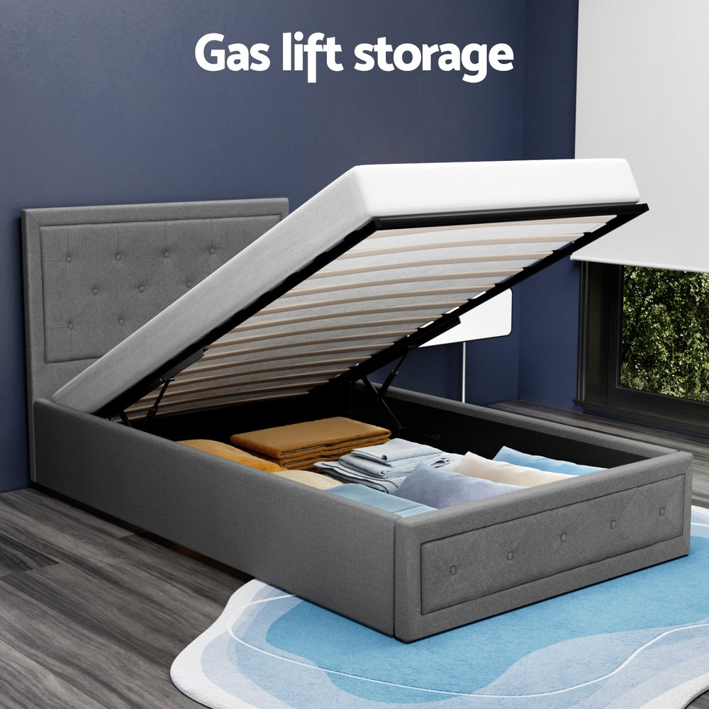 Bronte Storage King Single Bed Frame Grey - Space-Saving Bed with Underbed Storage for Small Rooms & Apartments