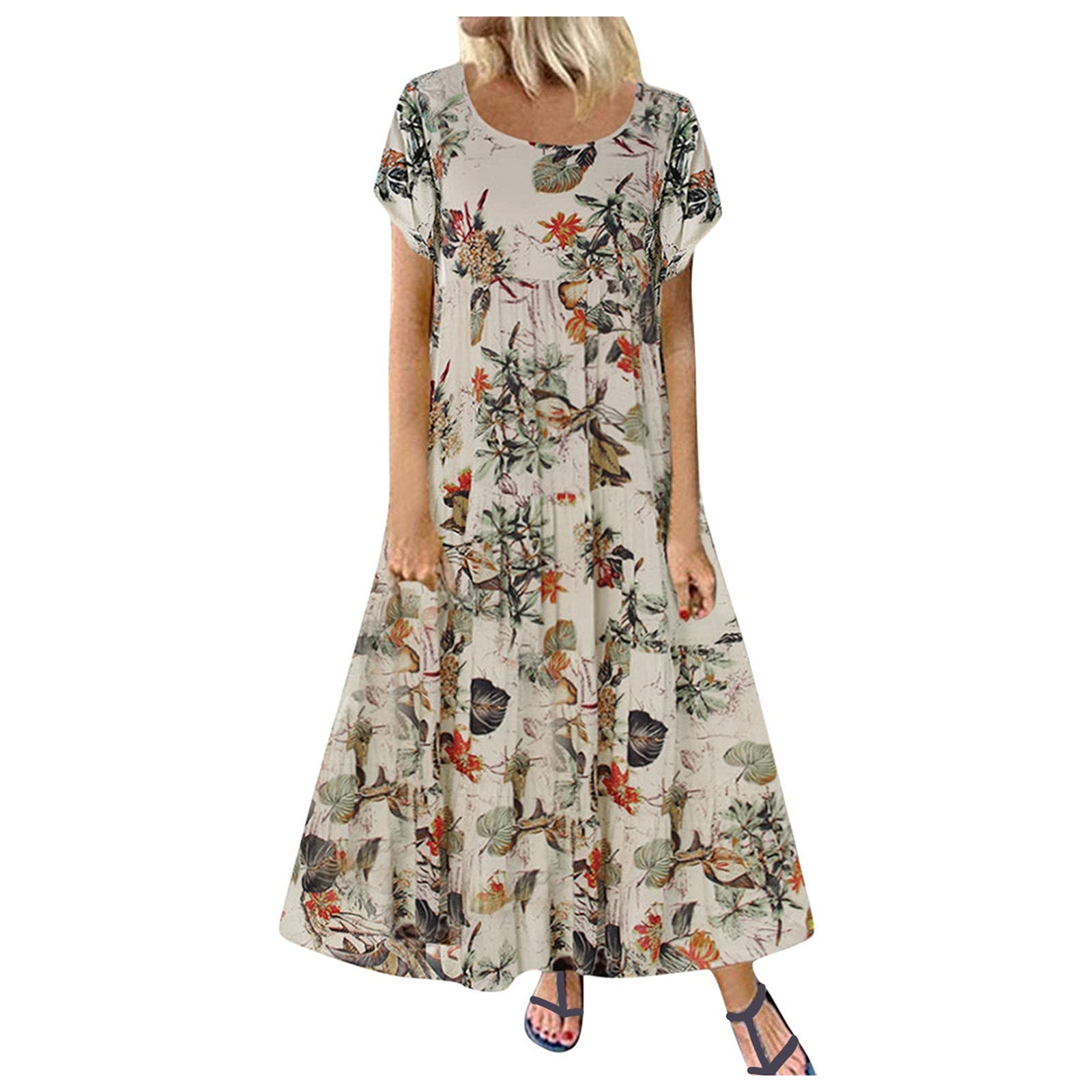 Women's Floral Print Summer Maxi Dress - Loose Round Neck Casual Beach Dress for Vacation & Holiday Wear | Perfect for Pool Parties, Beach Outings & Summer Getaways