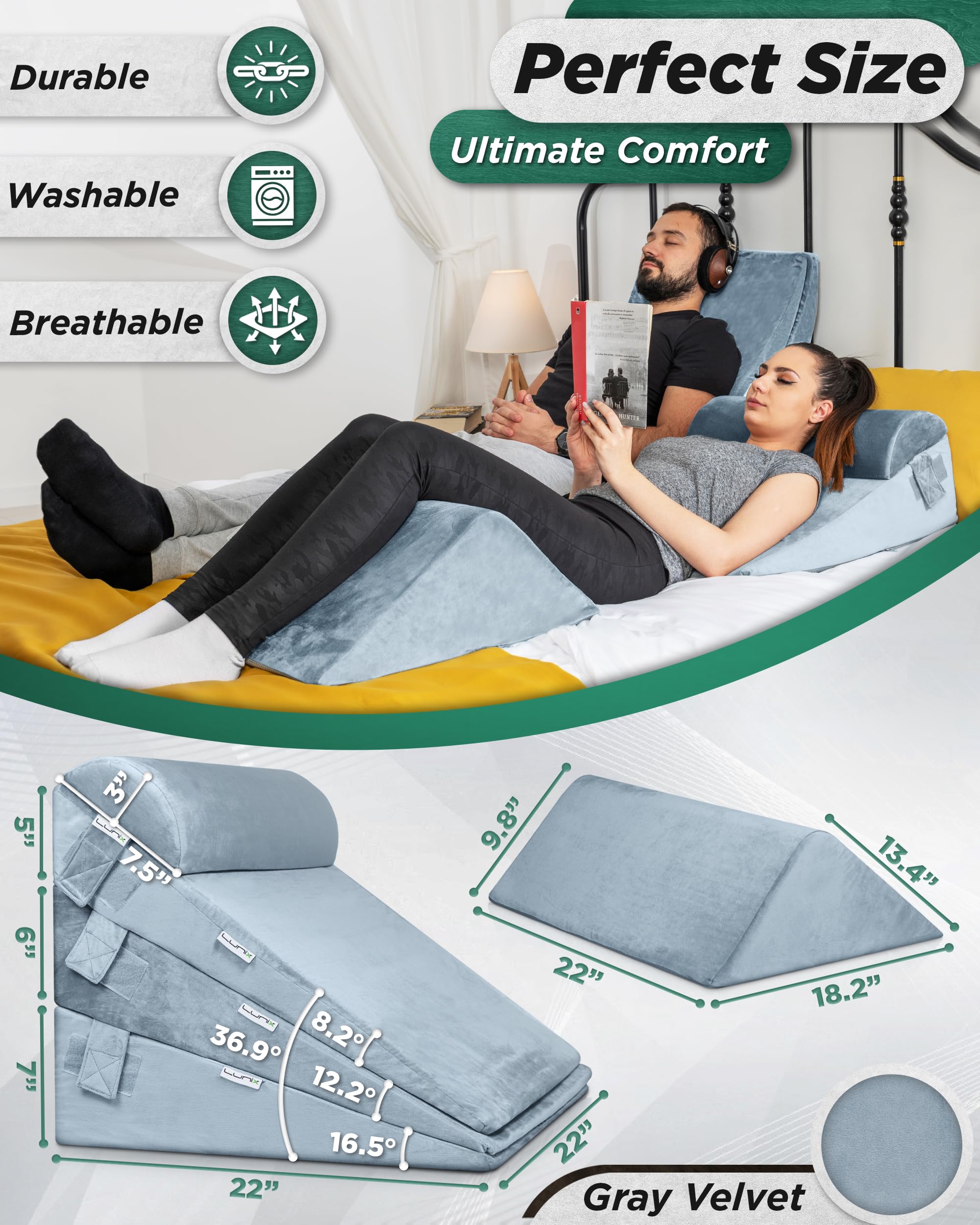 5pcs Orthopedic Bed Wedge Pillow Set for Back, Leg & Knee Pain Relief - Post Surgery Memory Foam Pillows with Hot/Cold Pack - Adjustable Support for Sleeping, Acid Reflux & GERD - Perfect for Home Recovery & Comfort (Gray)