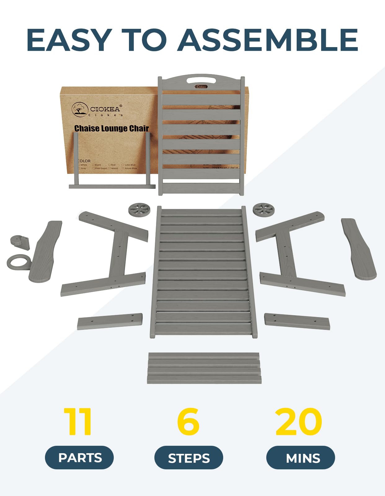 Outdoor Lounge Chair with 5 Adjustable Positions, Oversized Patio Chaise Lounge with Wheels & Cup Holder - Durable HDPE Material for Poolside, Deck, Backyard Relaxation - Grey